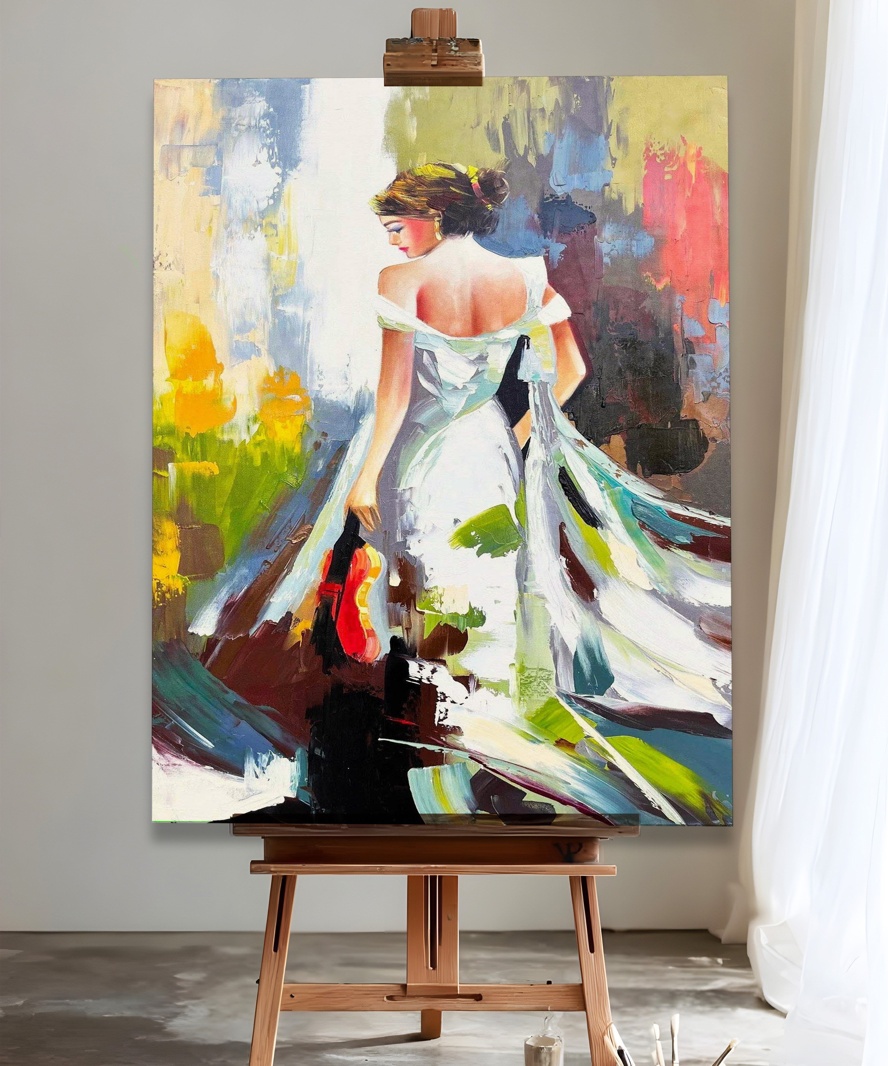 Elimde keman ve özgürlük rüzgarı  | Yağlıboya dokulu canvas baskı
