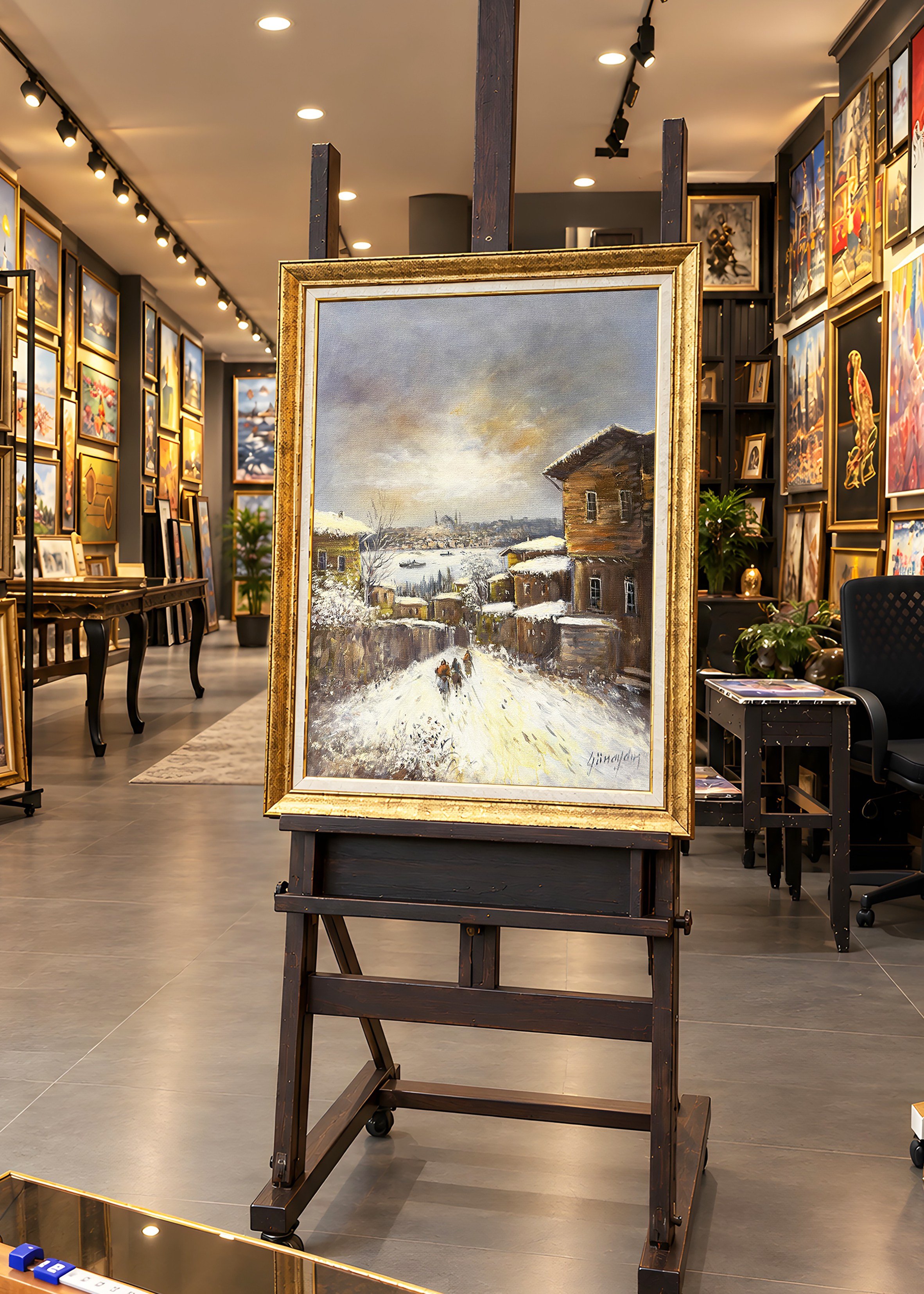 Eski İstanbul'da Karlı Sokak | Orijinal Yağlı Boya Tarihi Şehir Peyzaj Tablo