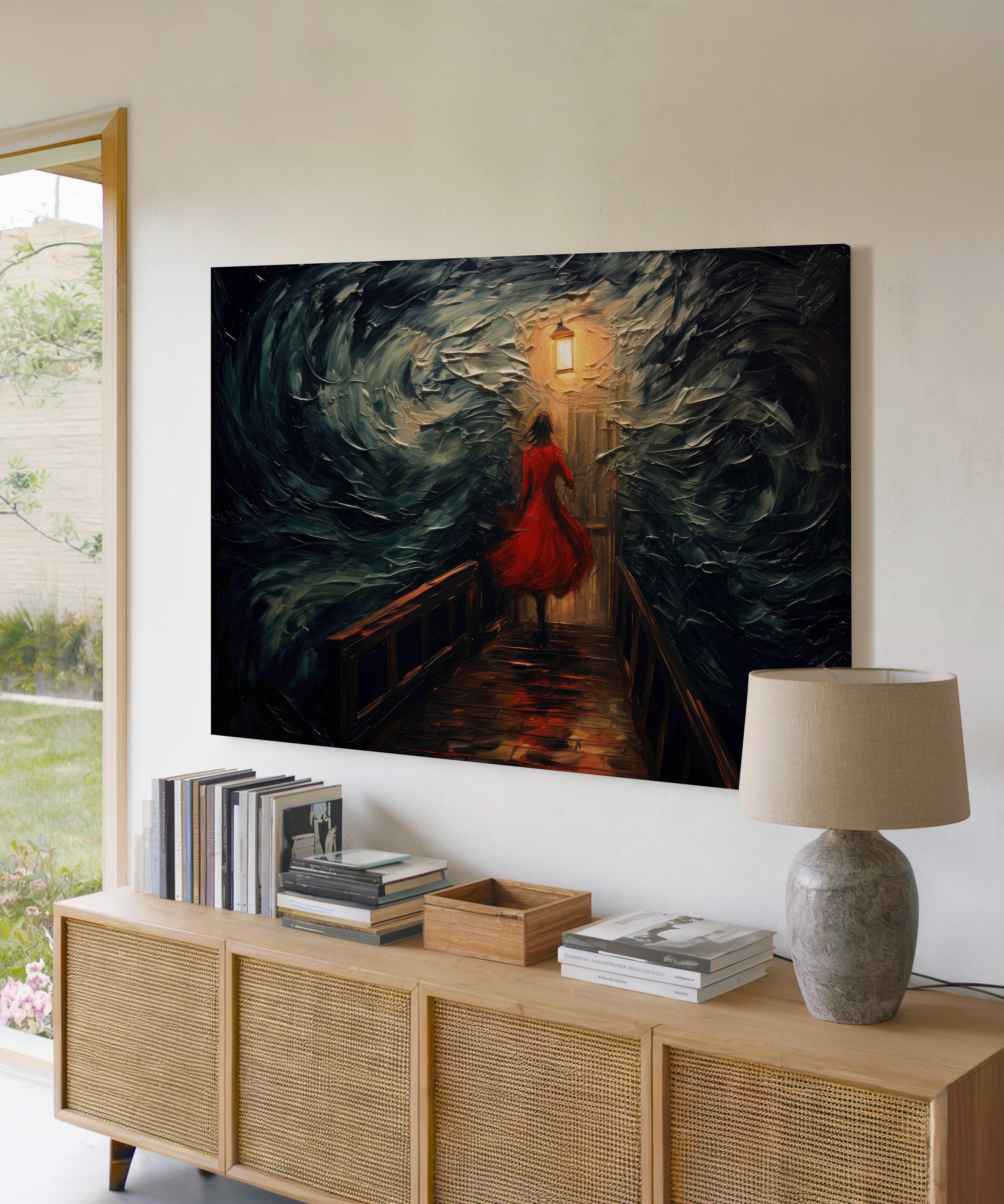 Fenere Açılan Gece | Yağlı Boya Dokulu Canvas Baskı