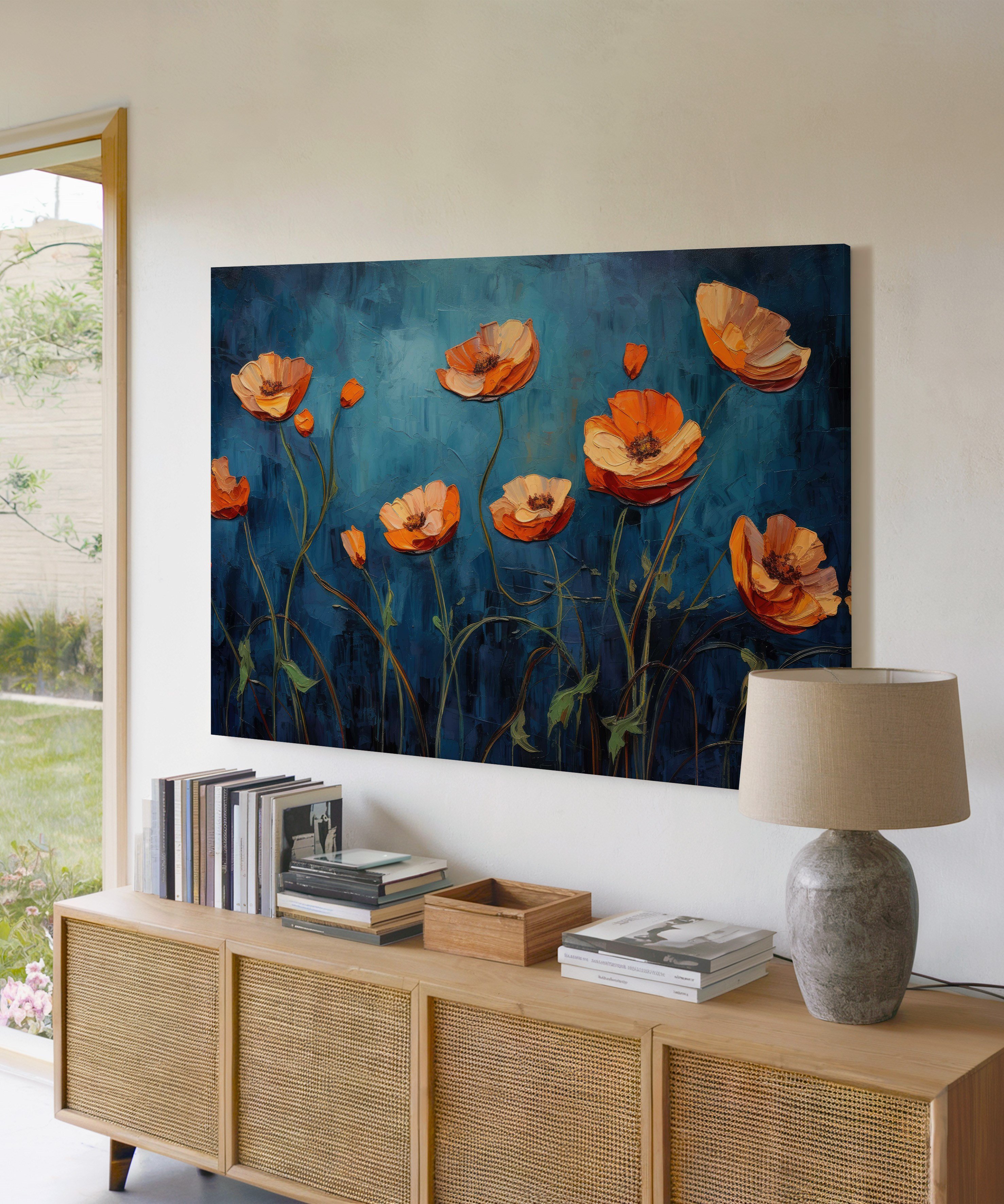 Geceye Açan Gelincikler | Yağlı Boya Dokulu Canvas Baskı