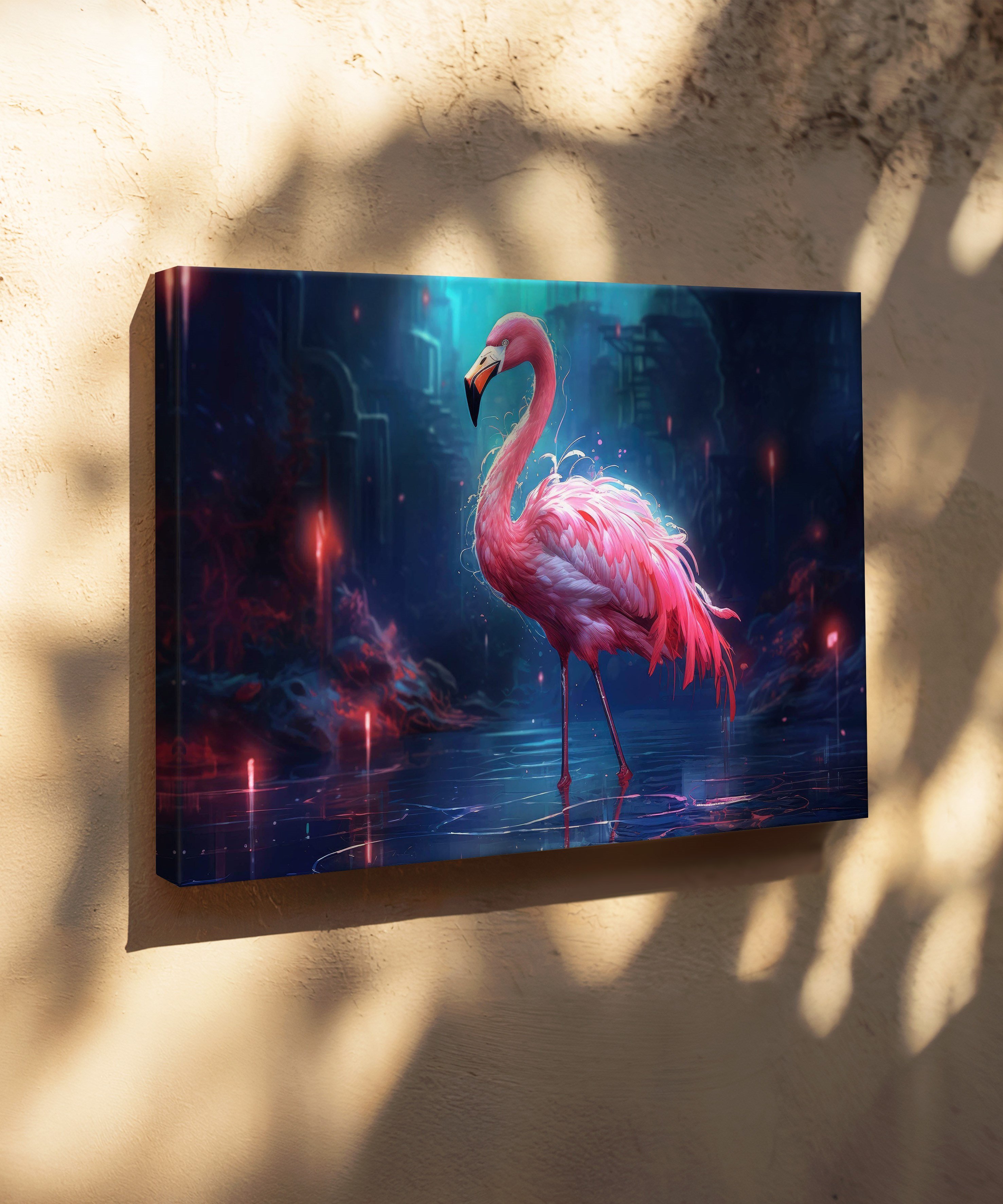 Geceye Düşen Flamingo | Yağlı Boya Dokulu Canvas Baskı