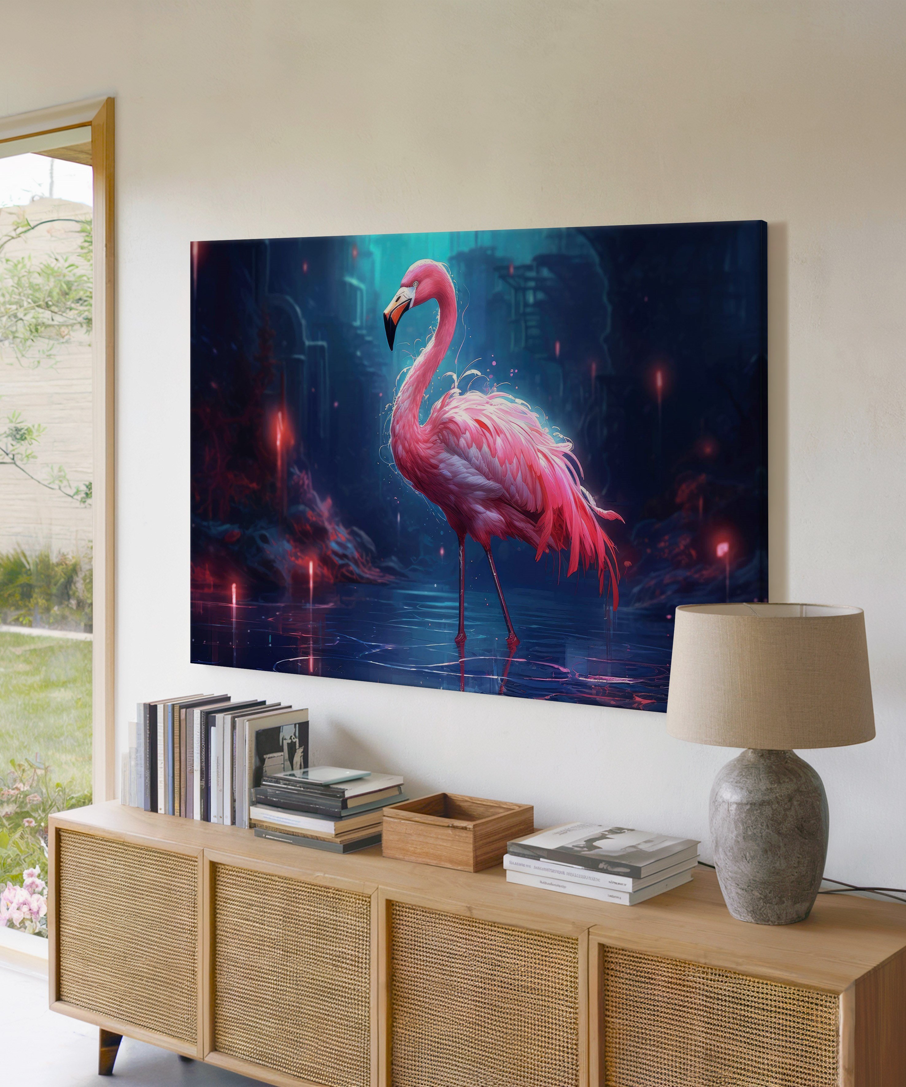 Geceye Düşen Flamingo | Yağlı Boya Dokulu Canvas Baskı