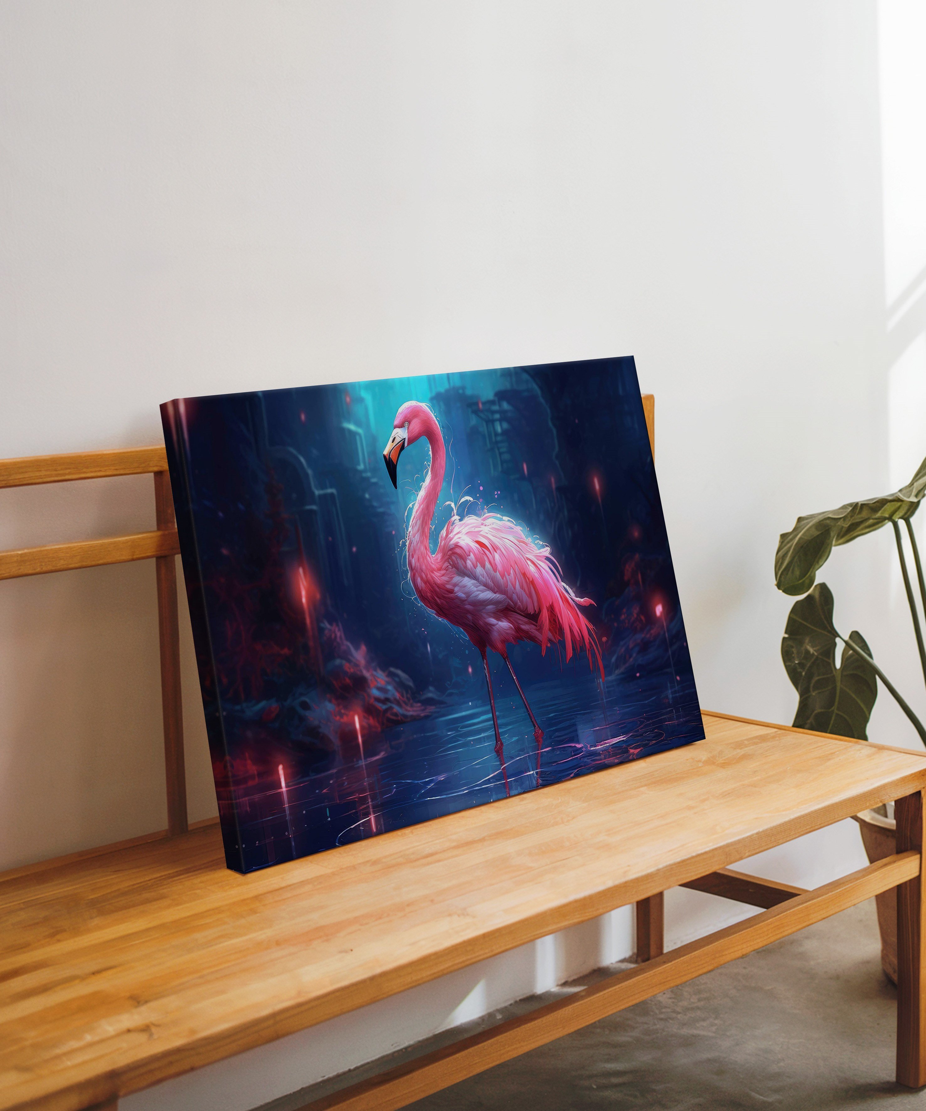 Geceye Düşen Flamingo | Yağlı Boya Dokulu Canvas Baskı