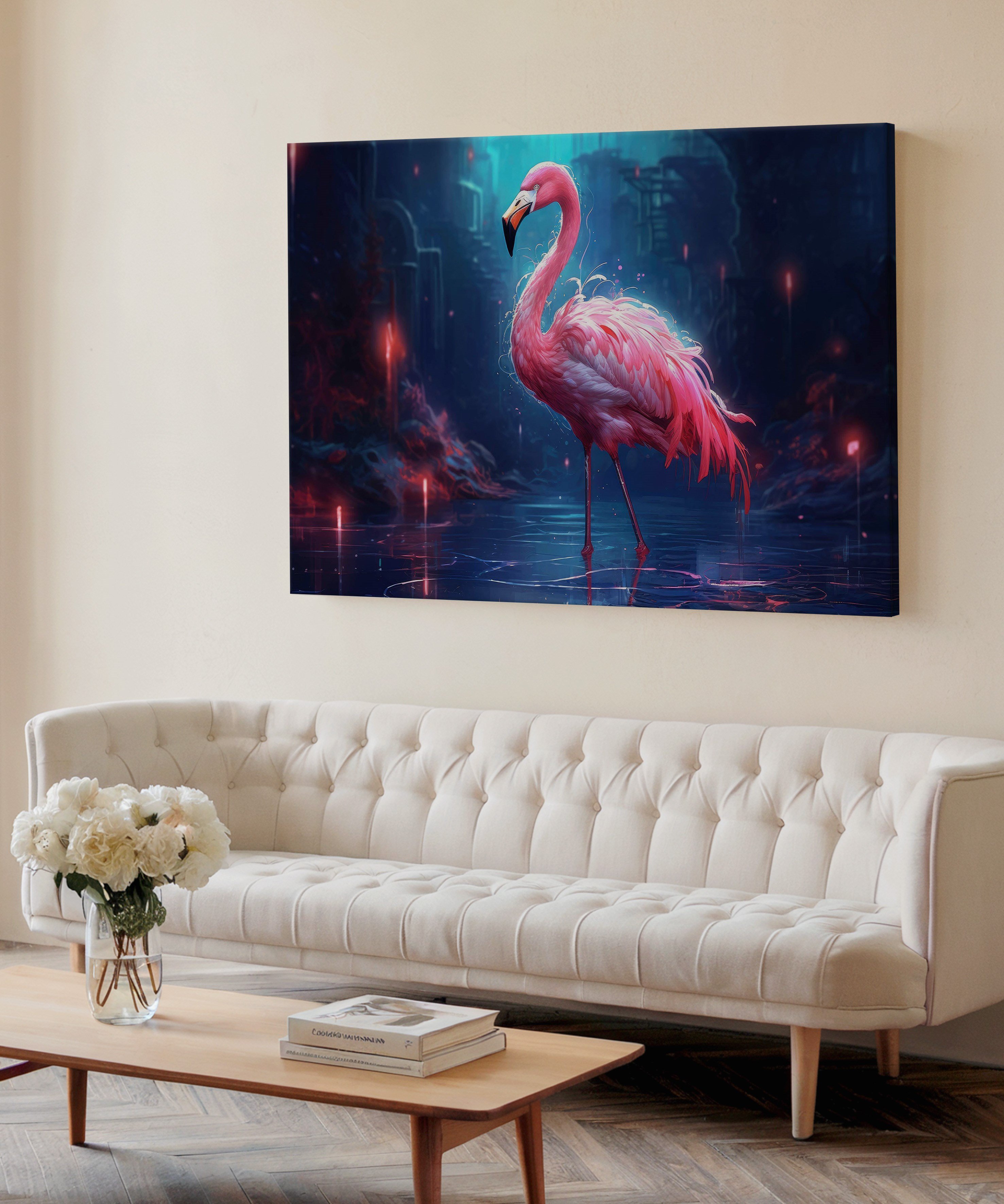 Geceye Düşen Flamingo | Yağlı Boya Dokulu Canvas Baskı
