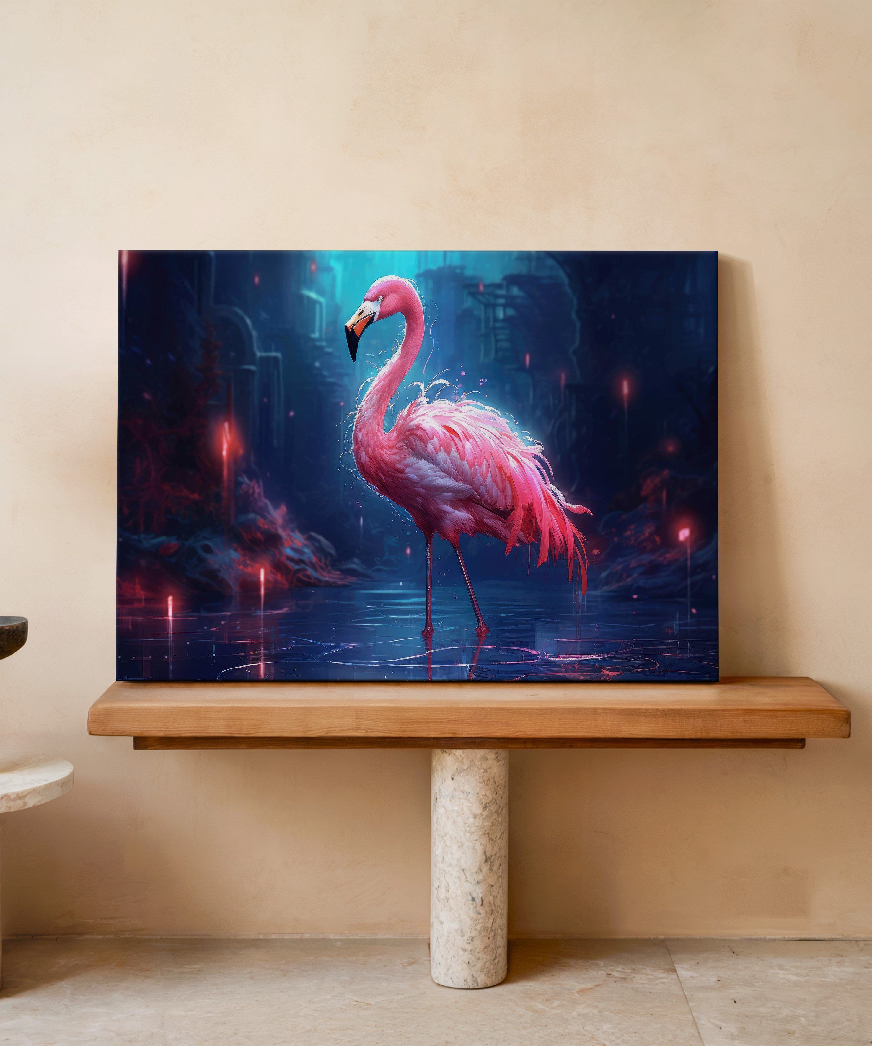 Geceye Düşen Flamingo | Yağlı Boya Dokulu Canvas Baskı