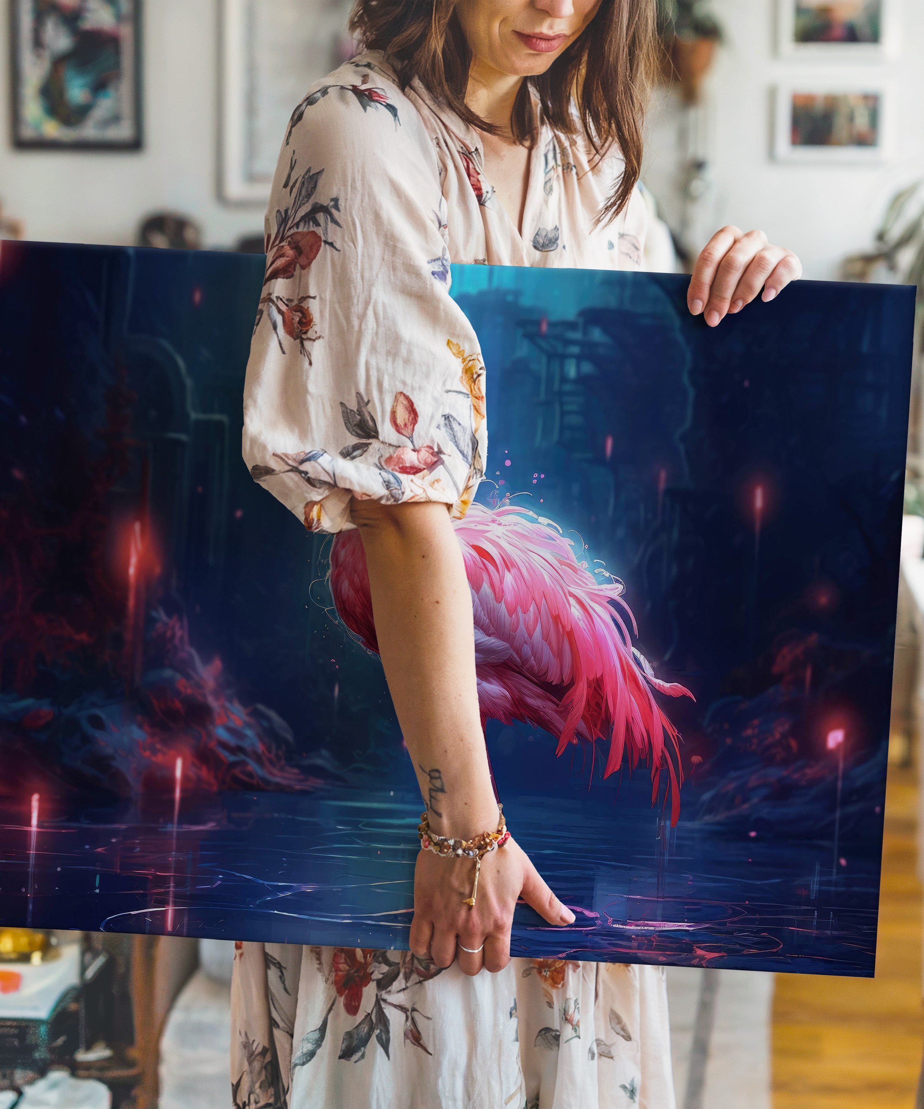 Geceye Düşen Flamingo | Yağlı Boya Dokulu Canvas Baskı