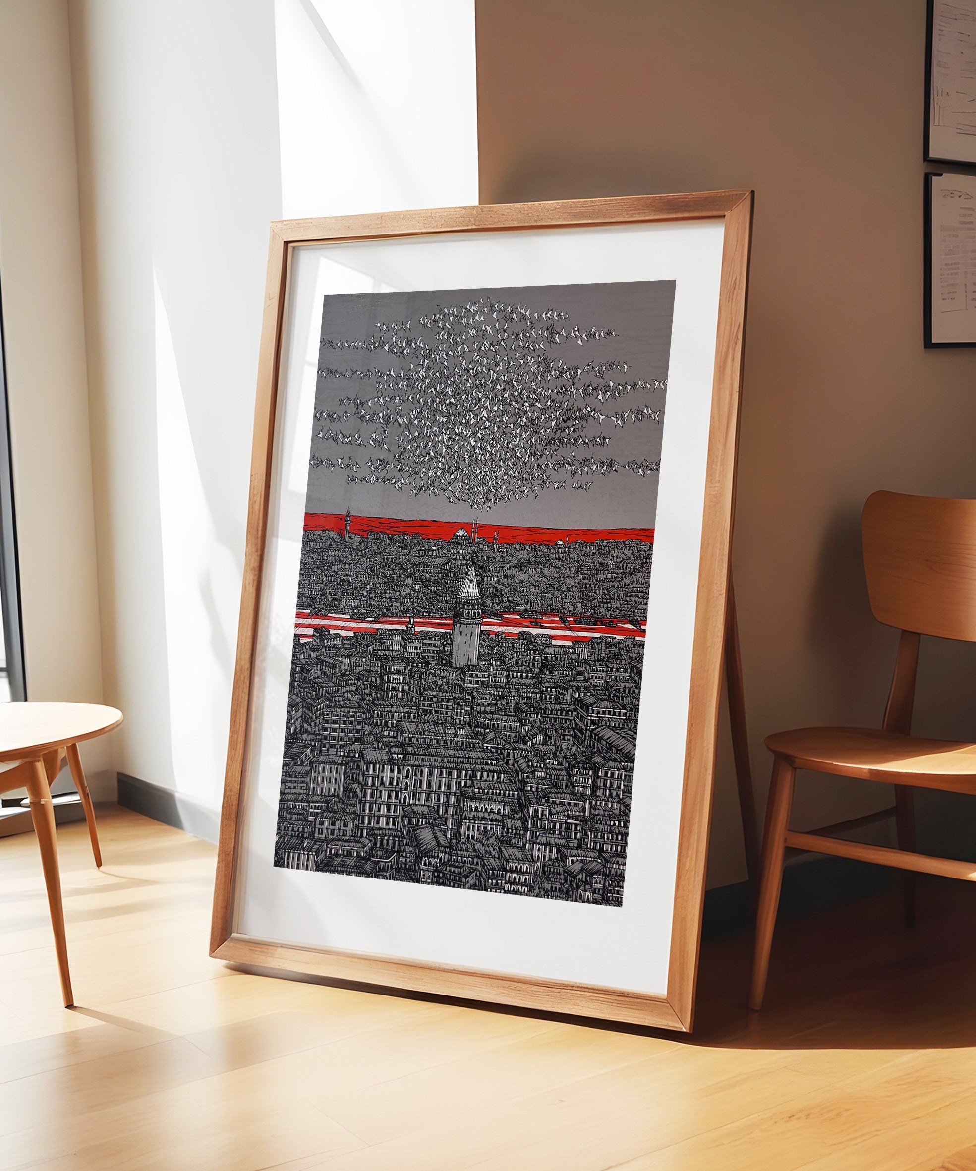 Gri Kırmızı İstanbul Galata ve Kuşlar 5/100  | DEVRİM ERBİL GICLÉE  BASKI