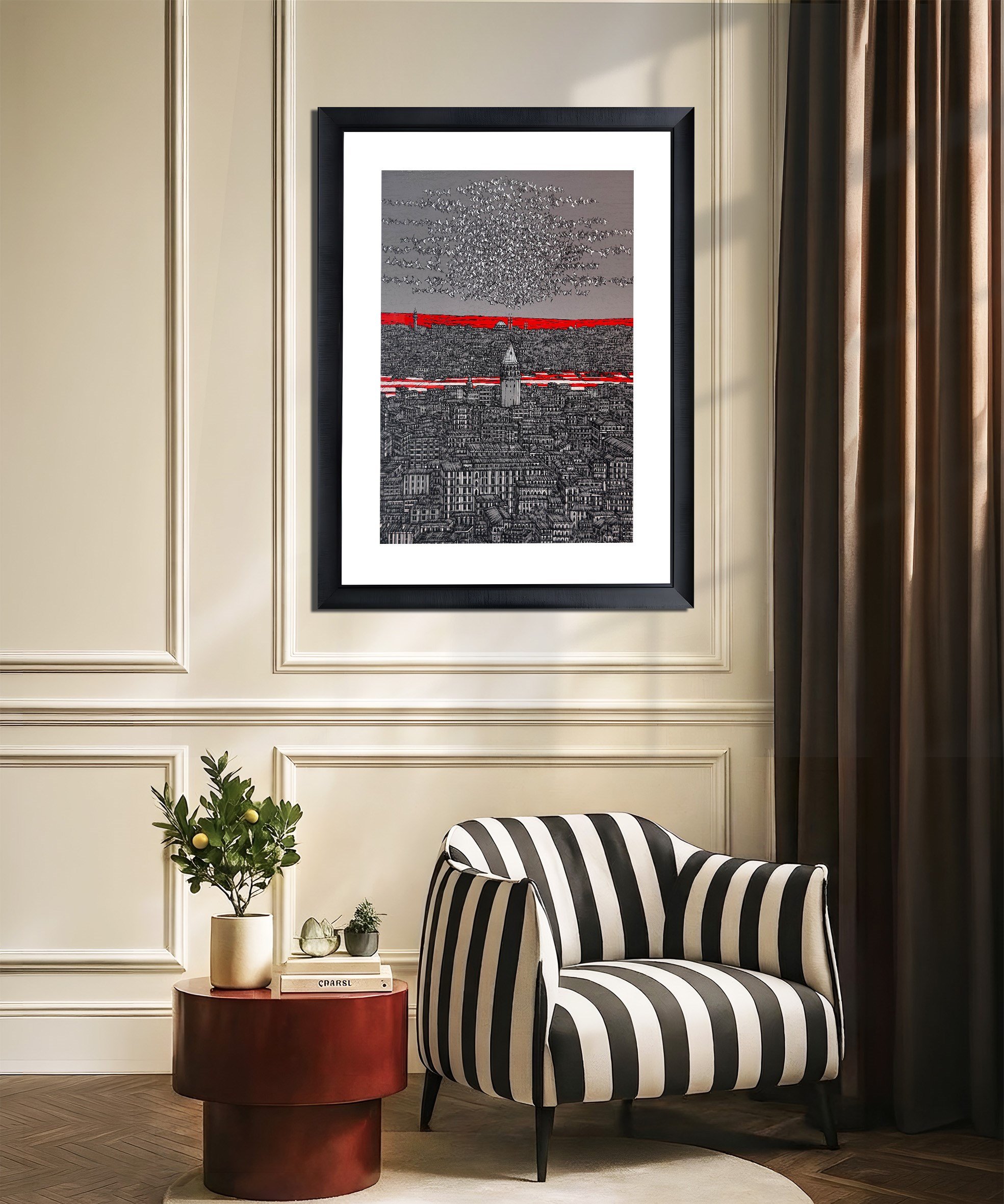 Gri Kırmızı İstanbul Galata ve Kuşlar 5/100  | DEVRİM ERBİL GICLÉE  BASKI