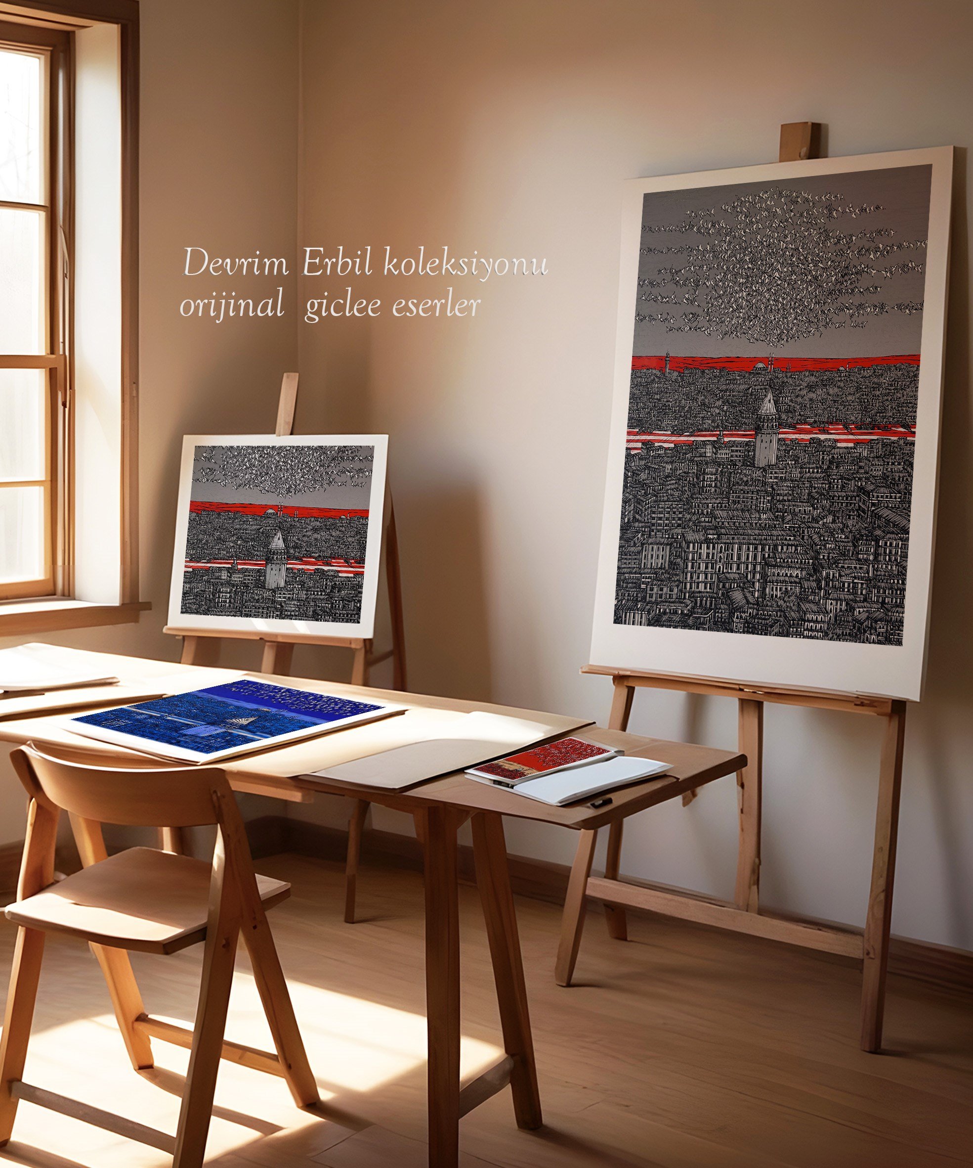 Gri Kırmızı İstanbul Galata ve Kuşlar 5/100  | DEVRİM ERBİL GICLÉE  BASKI