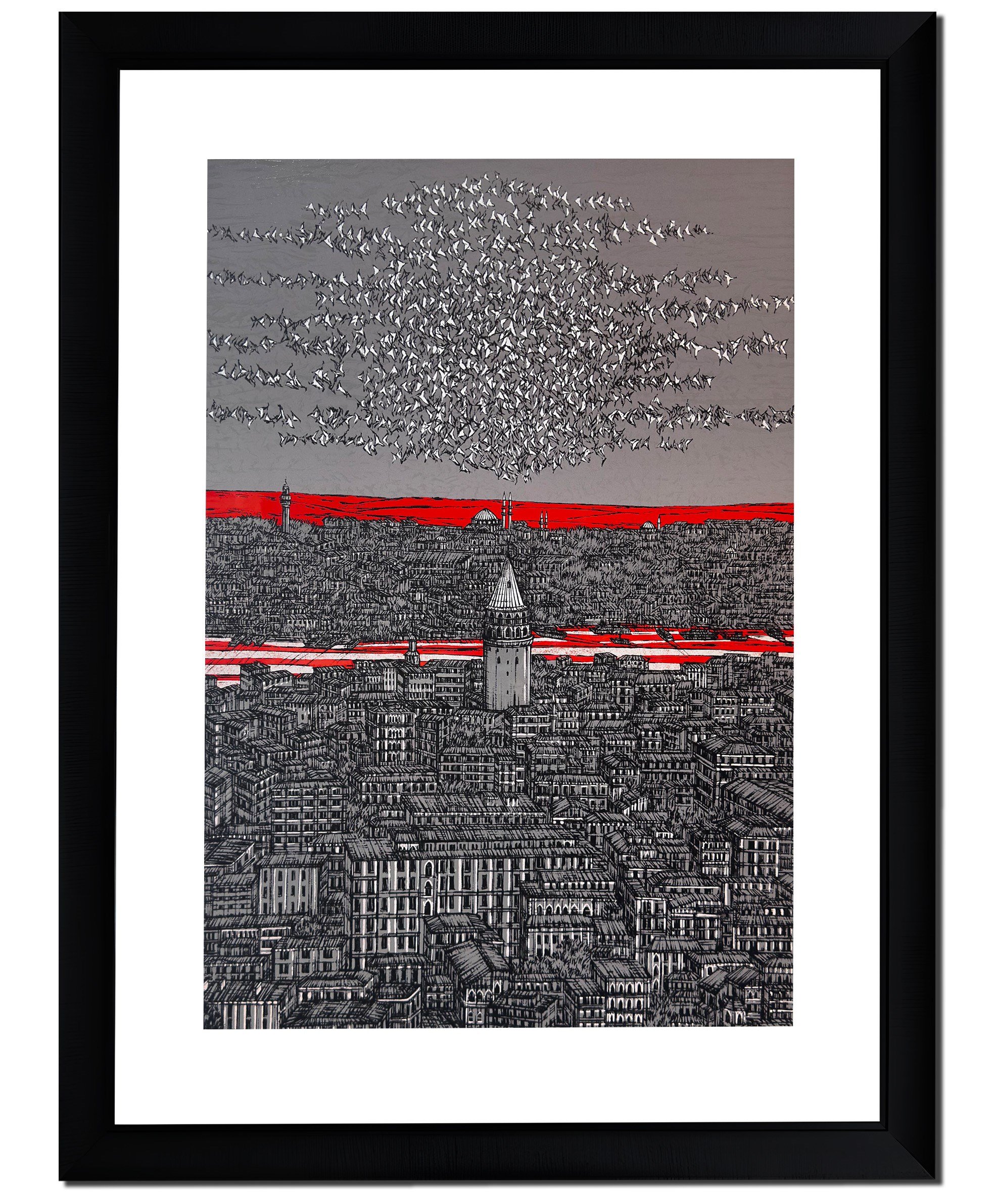 Gri Kırmızı İstanbul Galata ve Kuşlar 5/100  | DEVRİM ERBİL GICLÉE  BASKI