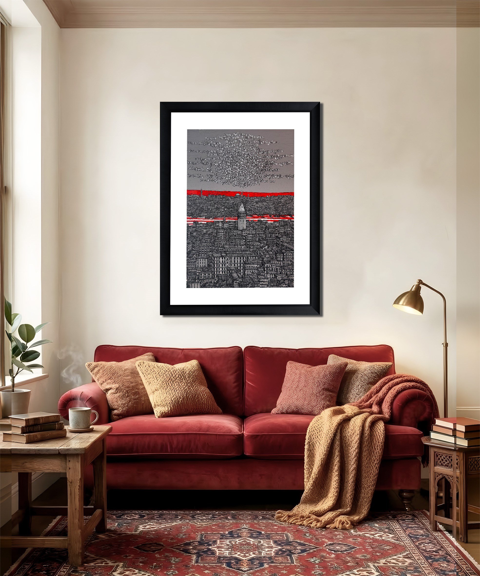 Gri Kırmızı İstanbul Galata ve Kuşlar 5/100  | DEVRİM ERBİL GICLÉE  BASKI