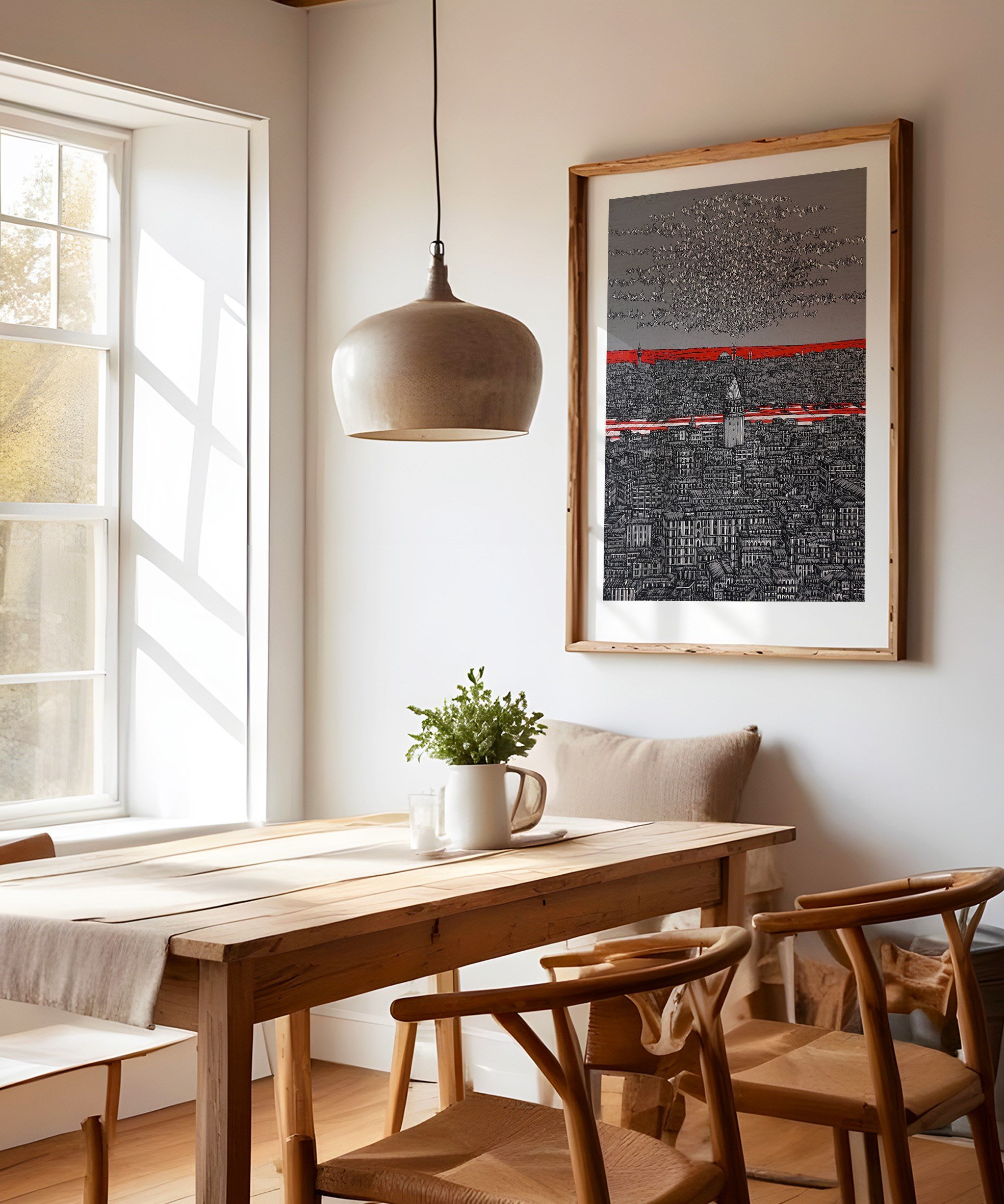 Gri Kırmızı İstanbul Galata ve Kuşlar 5/100  | DEVRİM ERBİL GICLÉE  BASKI