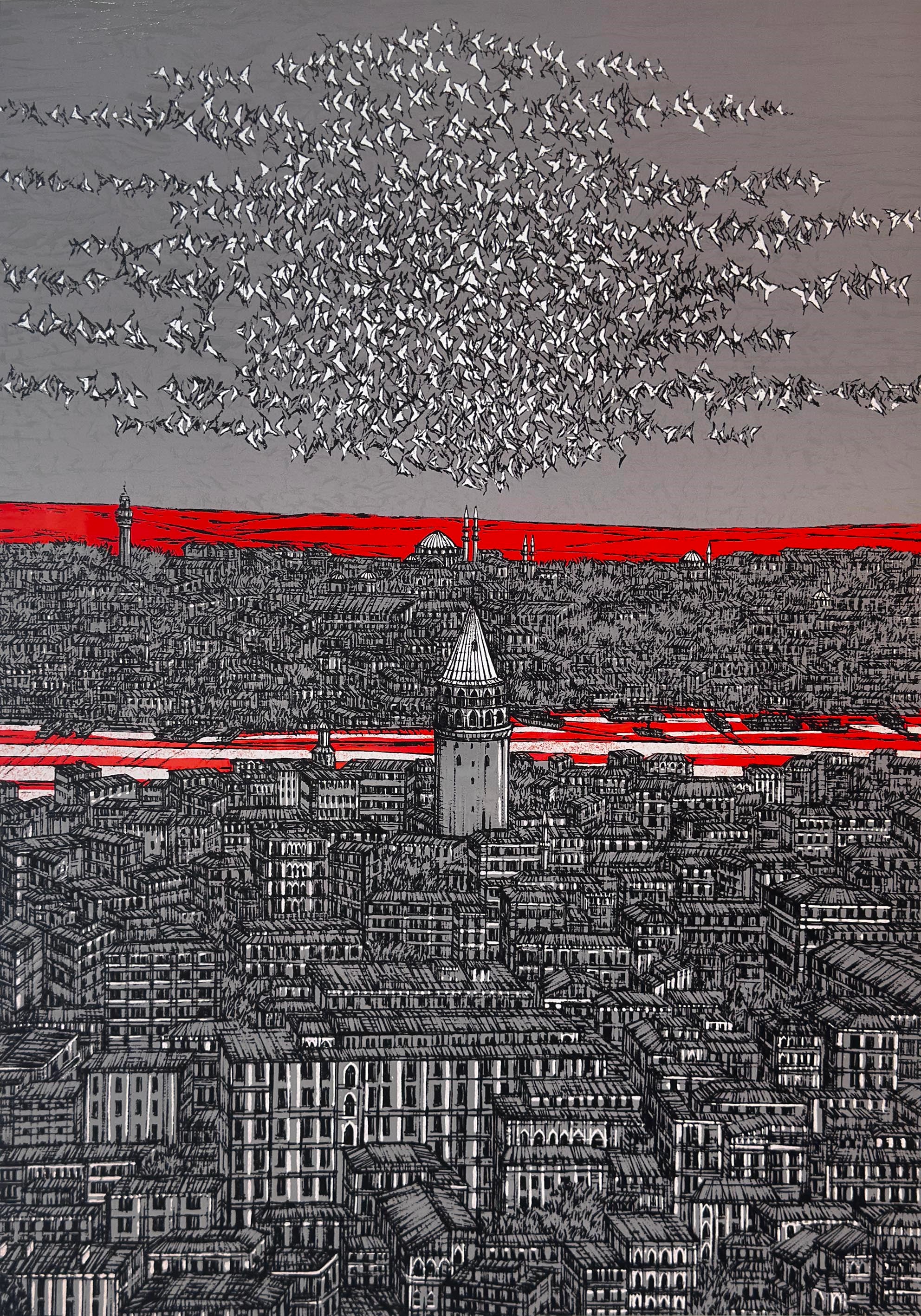 Gri Kırmızı İstanbul Galata ve Kuşlar 5/100  | DEVRİM ERBİL GICLÉE  BASKI