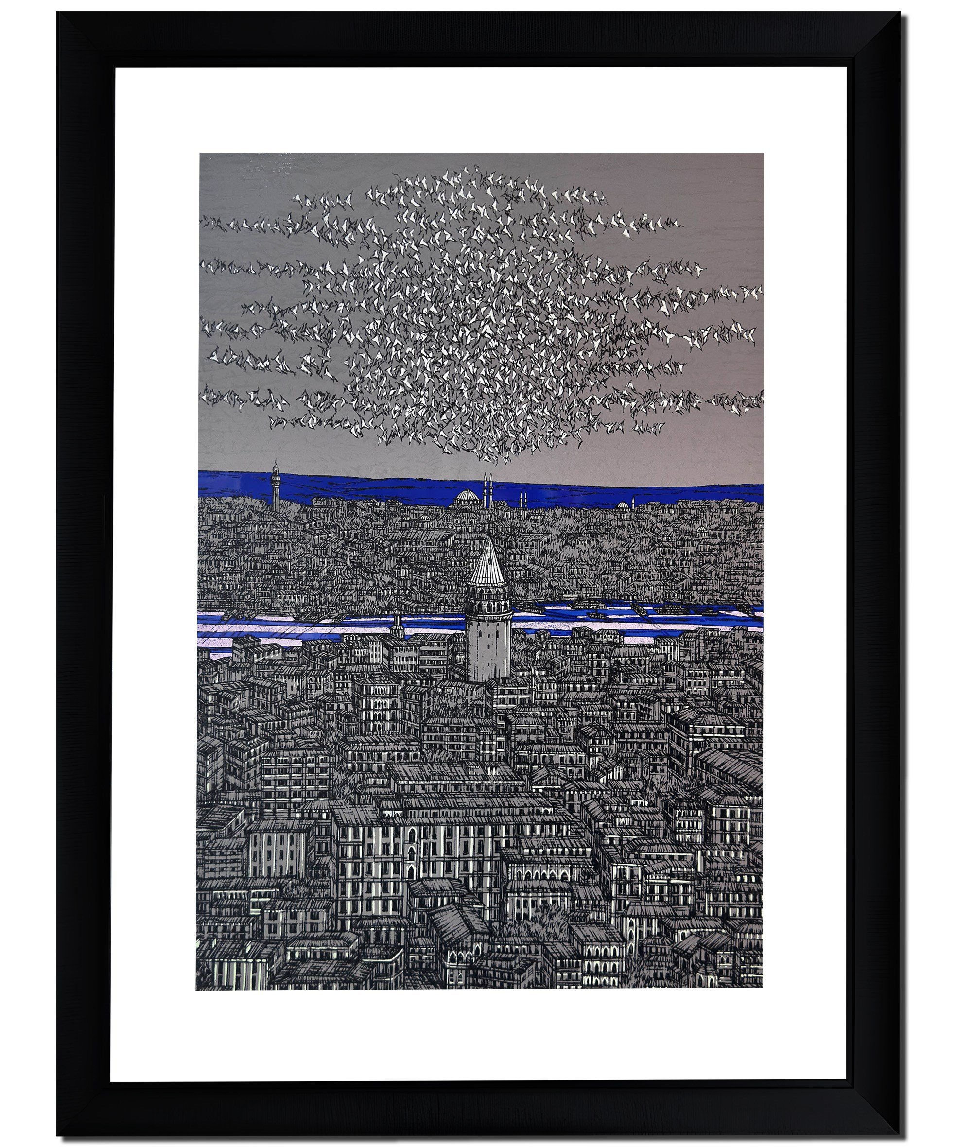 Gri Lacivert İstanbul Galata ve Kuşlar 3/100  | DEVRİM ERBİL GICLÉE  BASKI