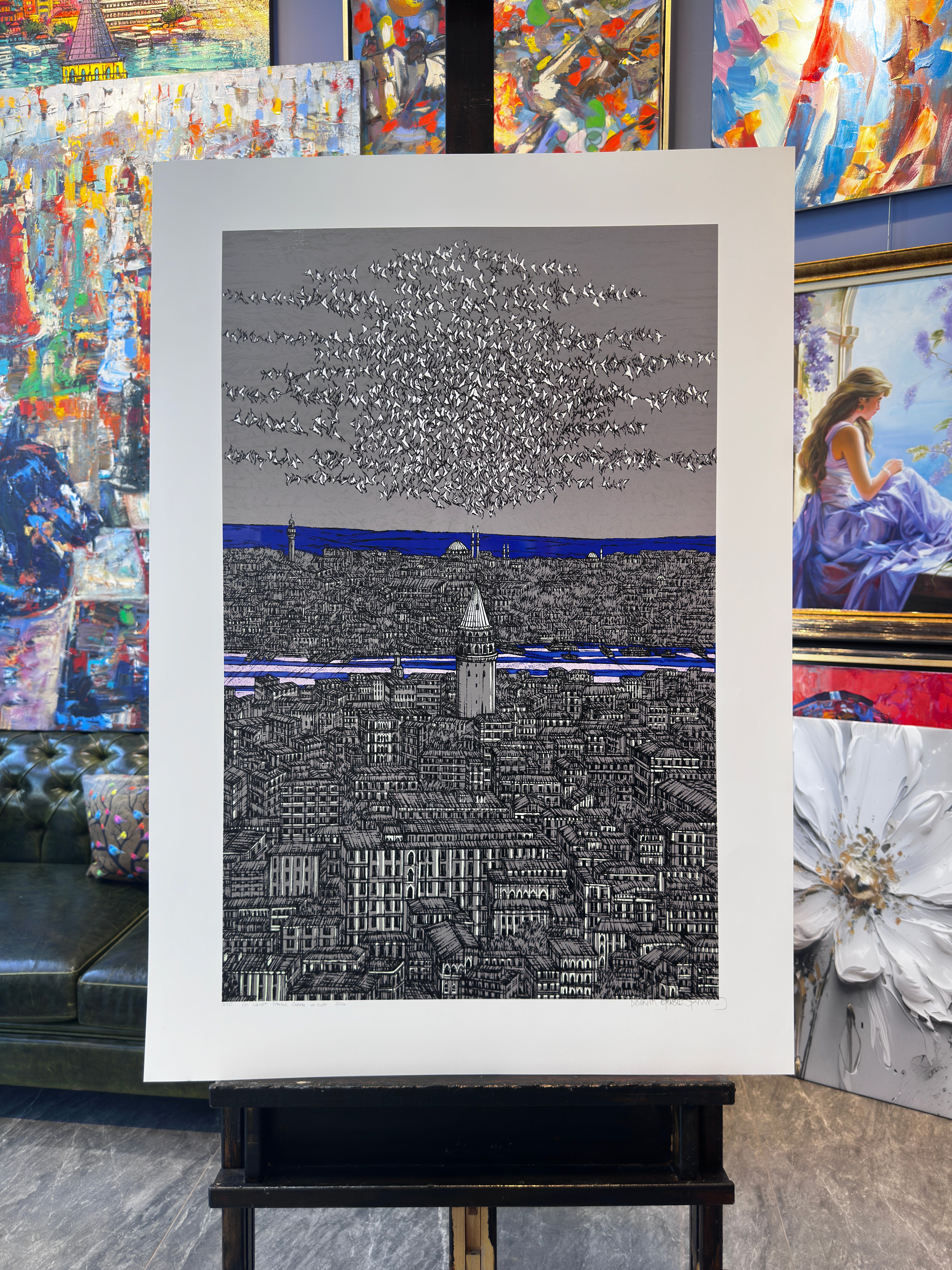 Gri Lacivert İstanbul Galata ve Kuşlar 3/100  | DEVRİM ERBİL GICLÉE  BASKI