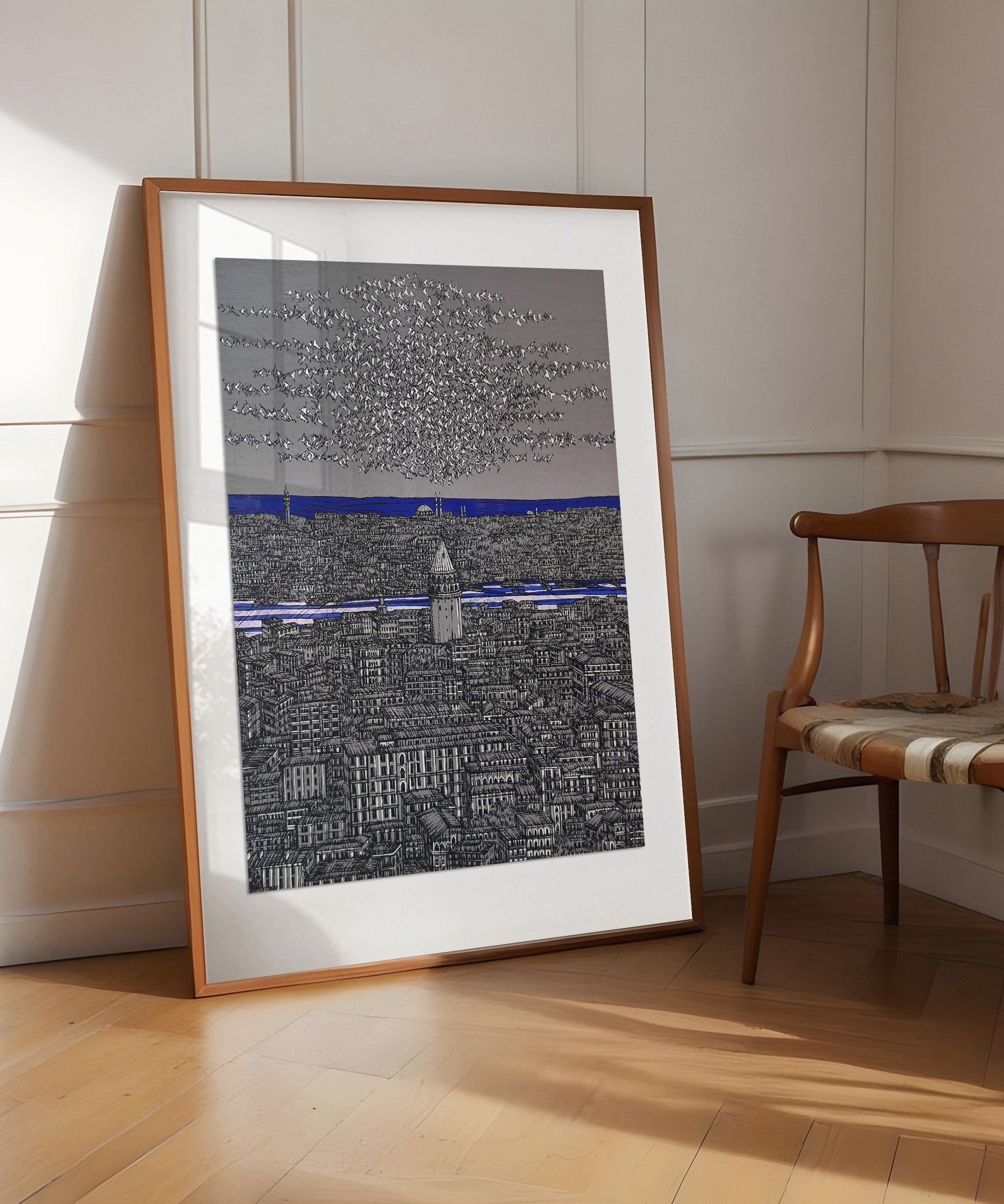 Gri Lacivert İstanbul Galata ve Kuşlar 3/100  | DEVRİM ERBİL GICLÉE  BASKI