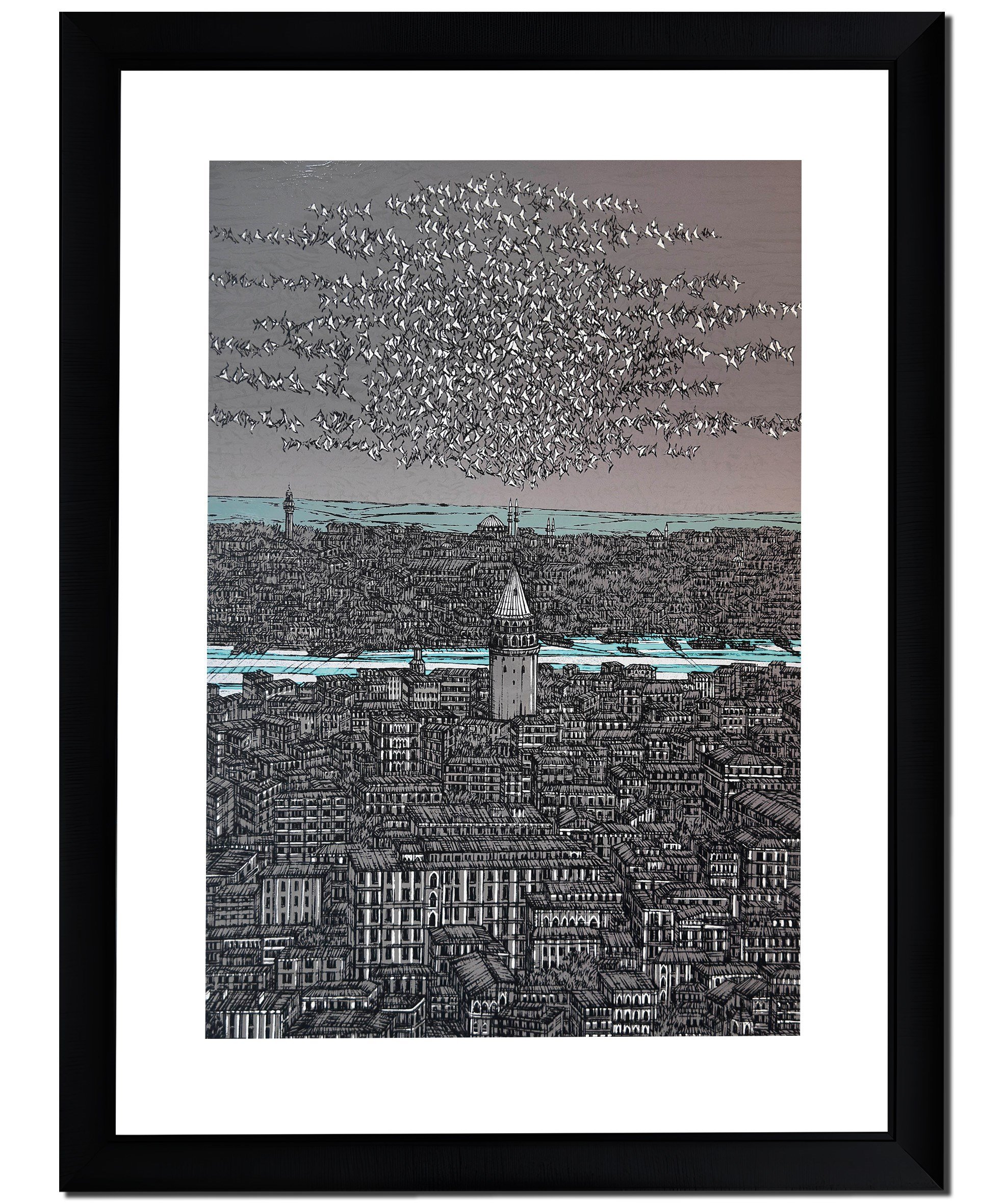 Gri Turkuaz İstanbul Galata ve Kuşlar 11/100  | DEVRİM ERBİL GICLÉE  BASKI