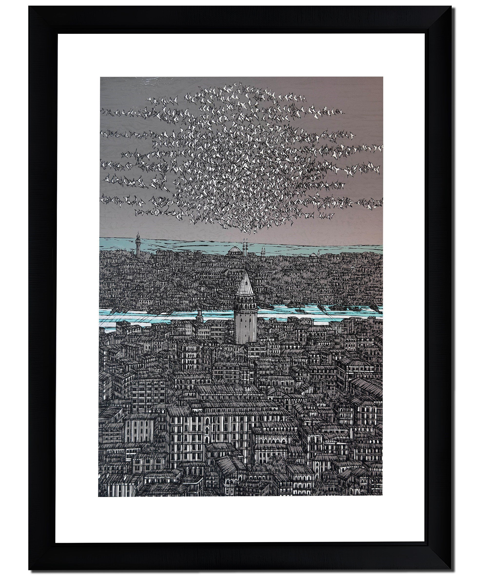Gri Turkuaz İstanbul Galata ve Kuşlar 11/100  | DEVRİM ERBİL GICLÉE  BASKI
