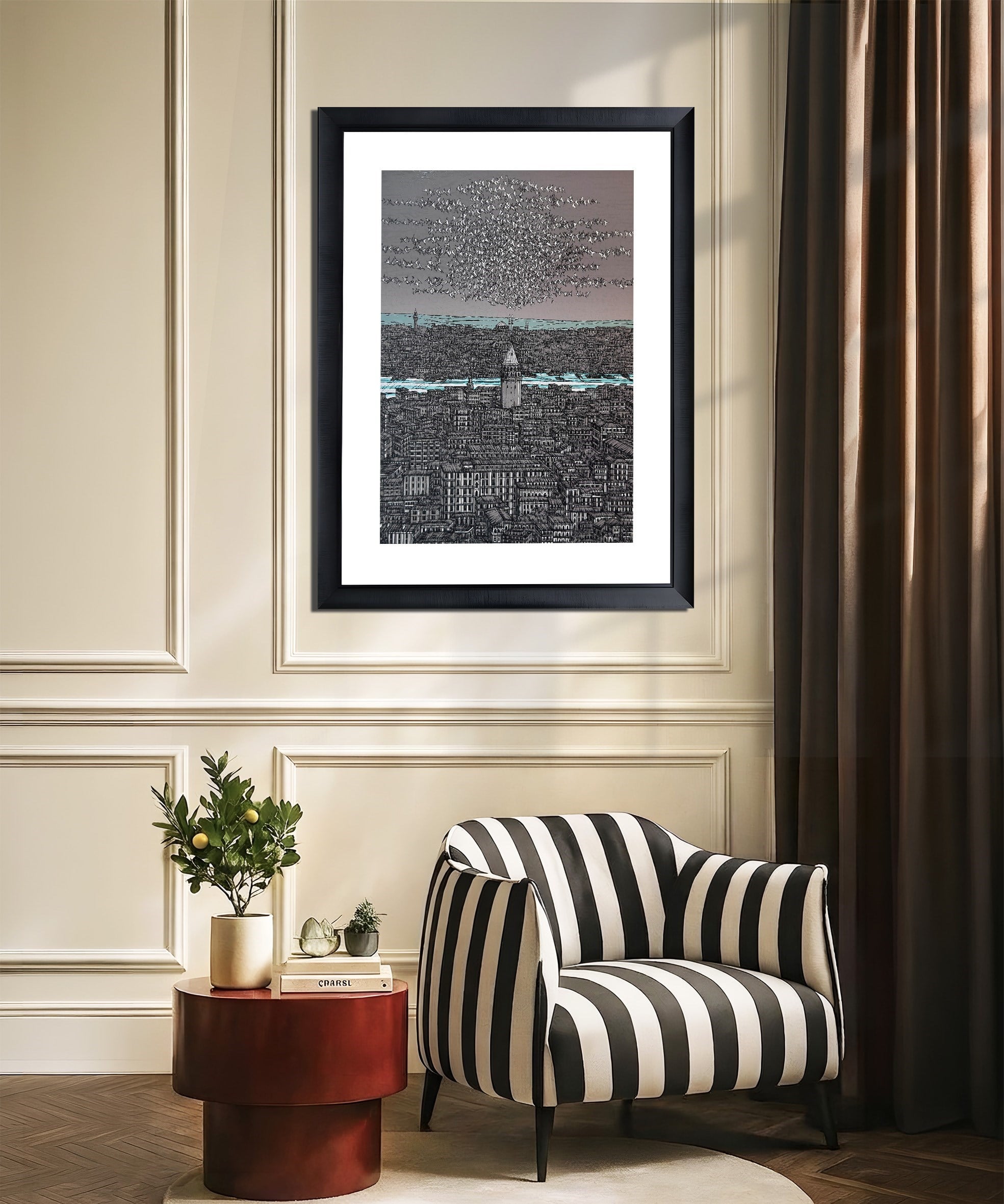 Gri Turkuaz İstanbul Galata ve Kuşlar 10/100  | DEVRİM ERBİL GICLÉE  BASKI