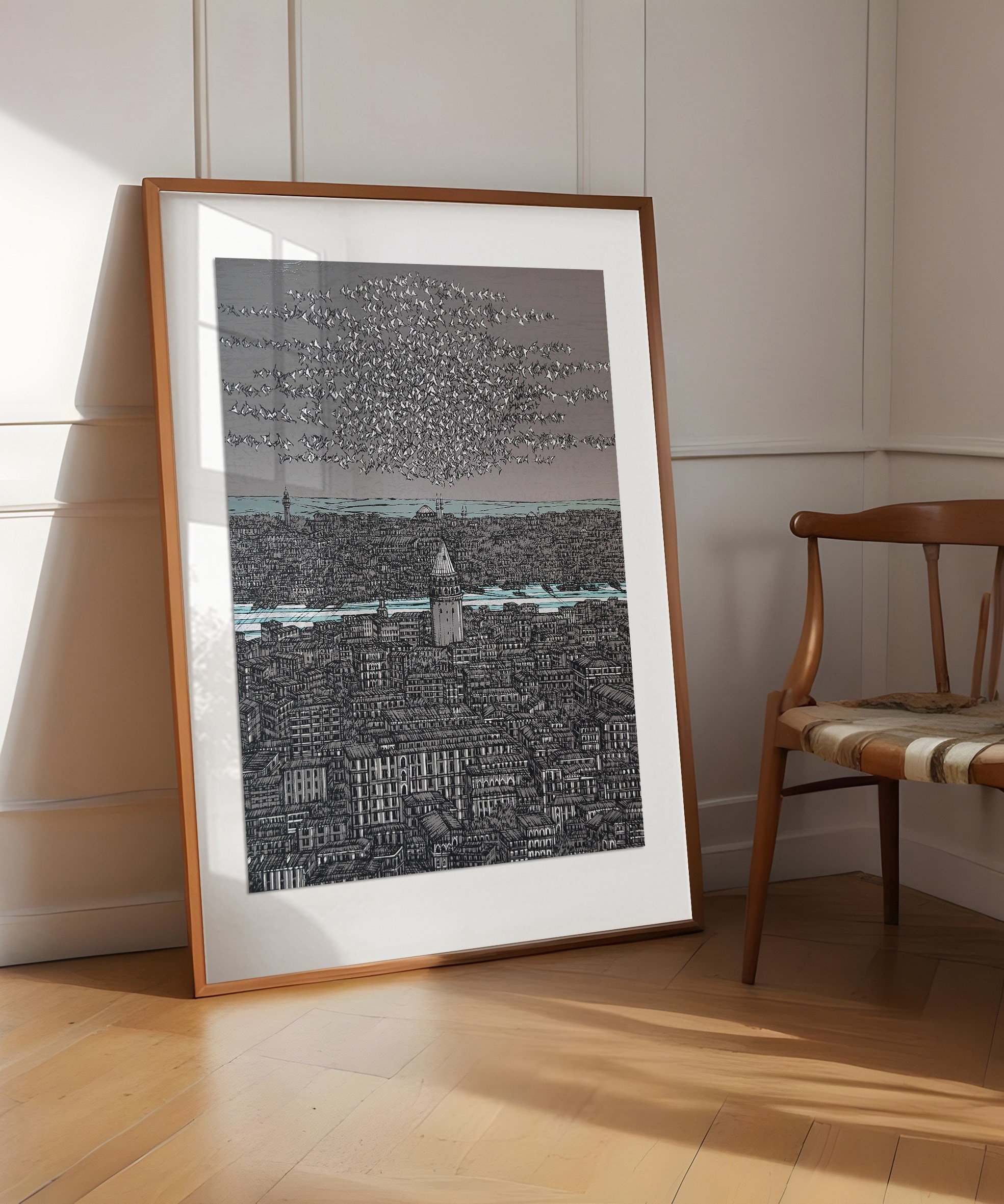 Gri Turkuaz İstanbul Galata ve Kuşlar 10/100  | DEVRİM ERBİL GICLÉE  BASKI