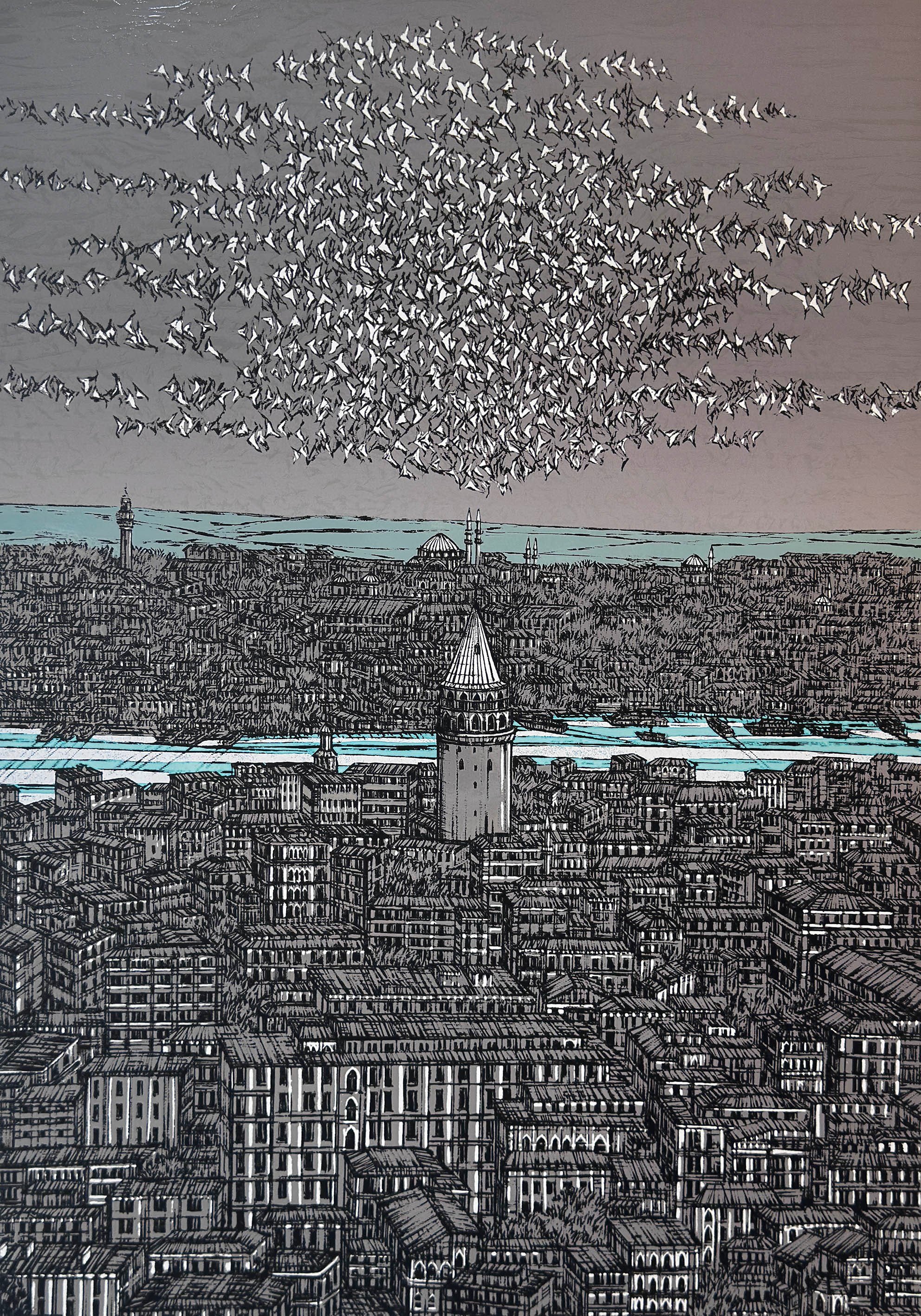 Gri Turkuaz İstanbul Galata ve Kuşlar 11/100  | DEVRİM ERBİL GICLÉE  BASKI