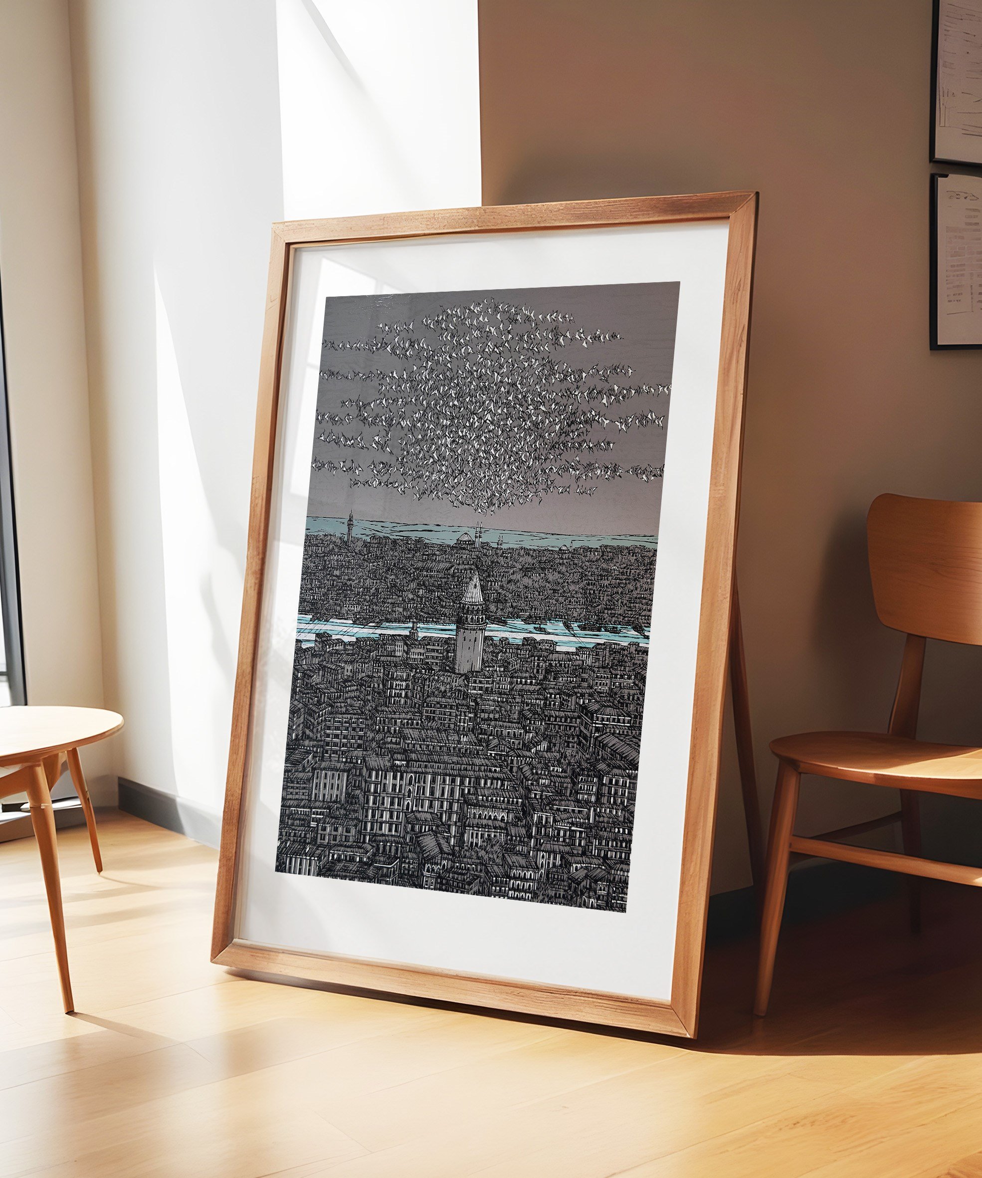 Gri Turkuaz İstanbul Galata ve Kuşlar 10/100  | DEVRİM ERBİL GICLÉE  BASKI