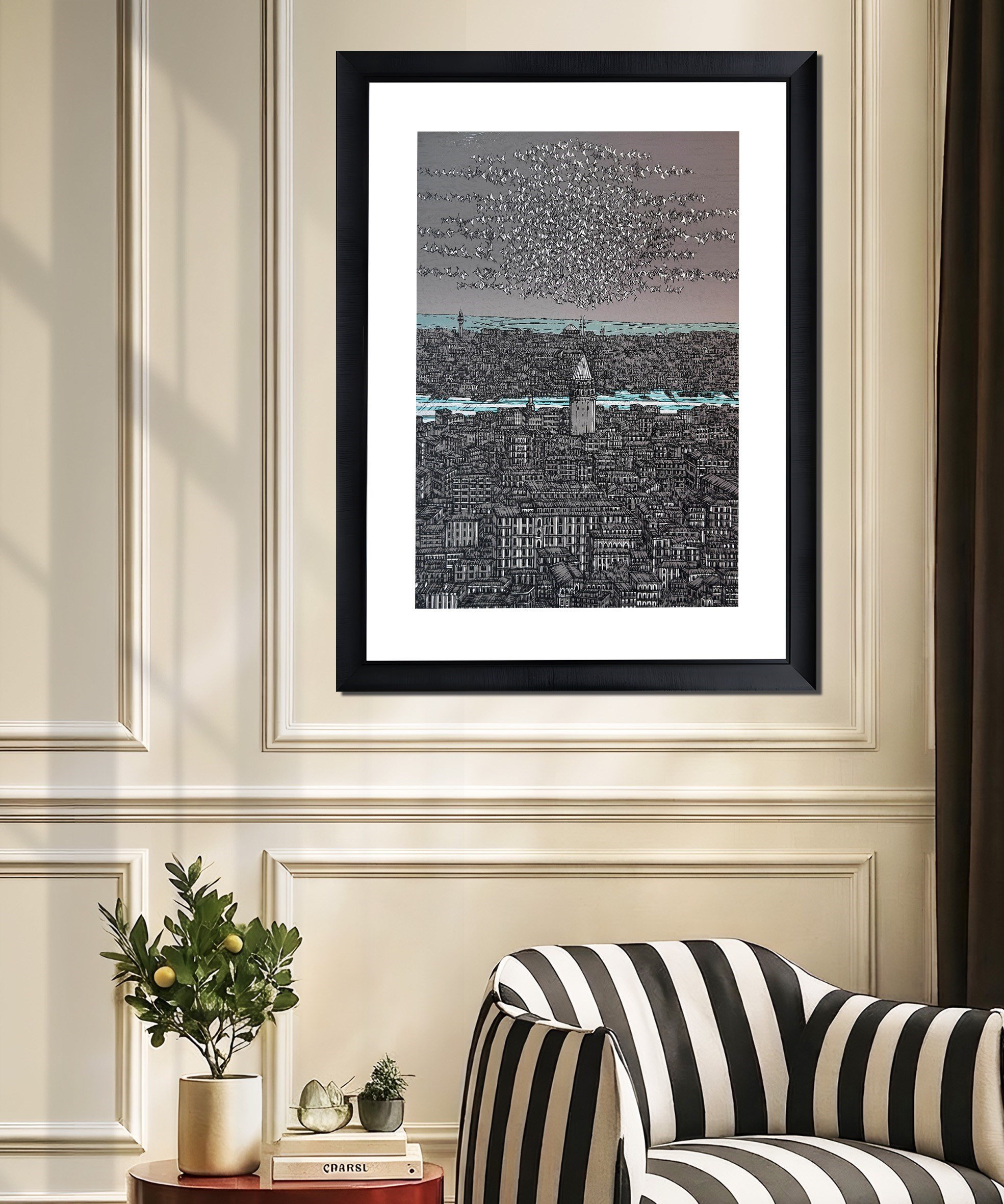 Gri Turkuaz İstanbul Galata ve Kuşlar 11/100  | DEVRİM ERBİL GICLÉE  BASKI