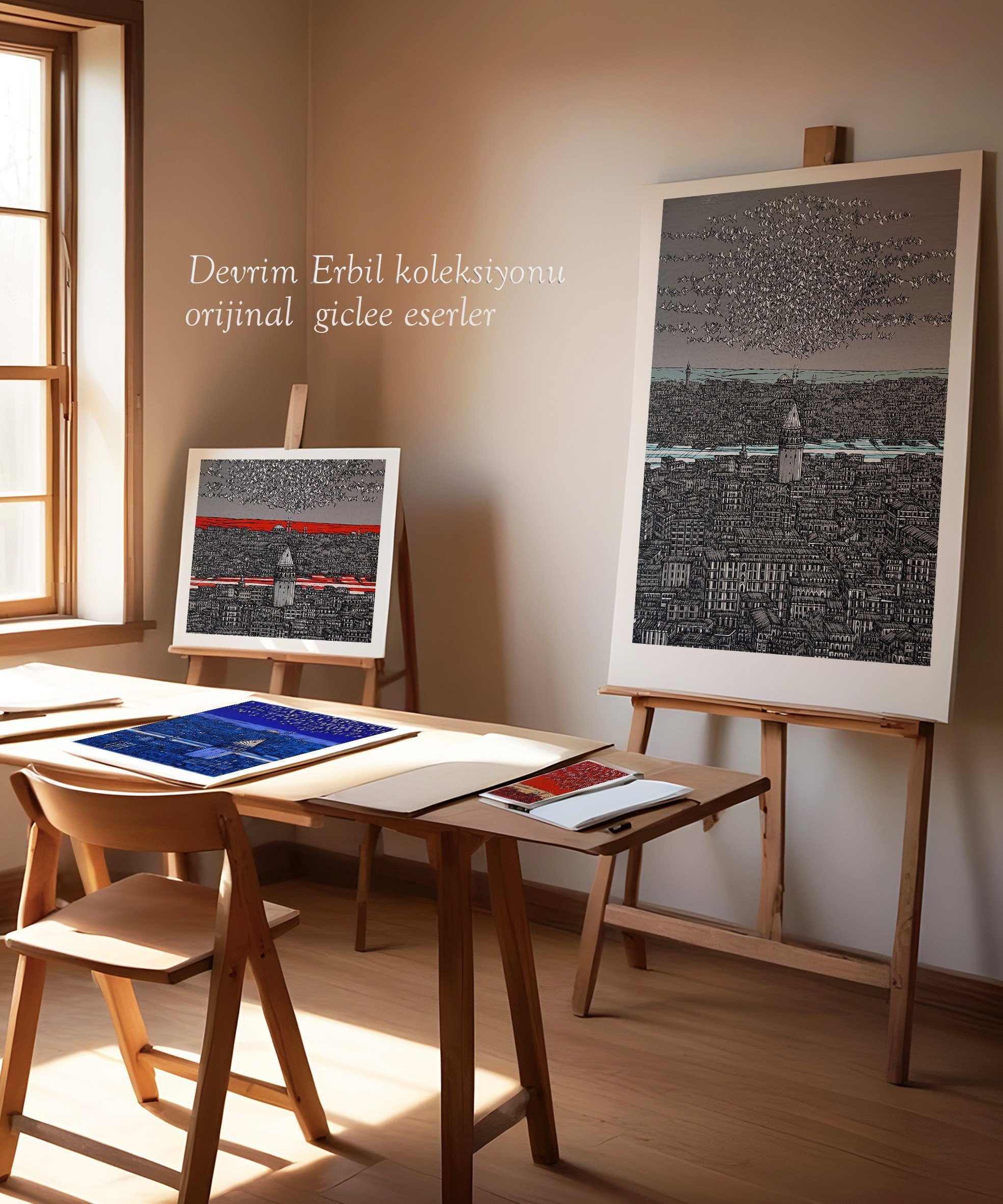 Gri Turkuaz İstanbul Galata ve Kuşlar 10/100  | DEVRİM ERBİL GICLÉE  BASKI