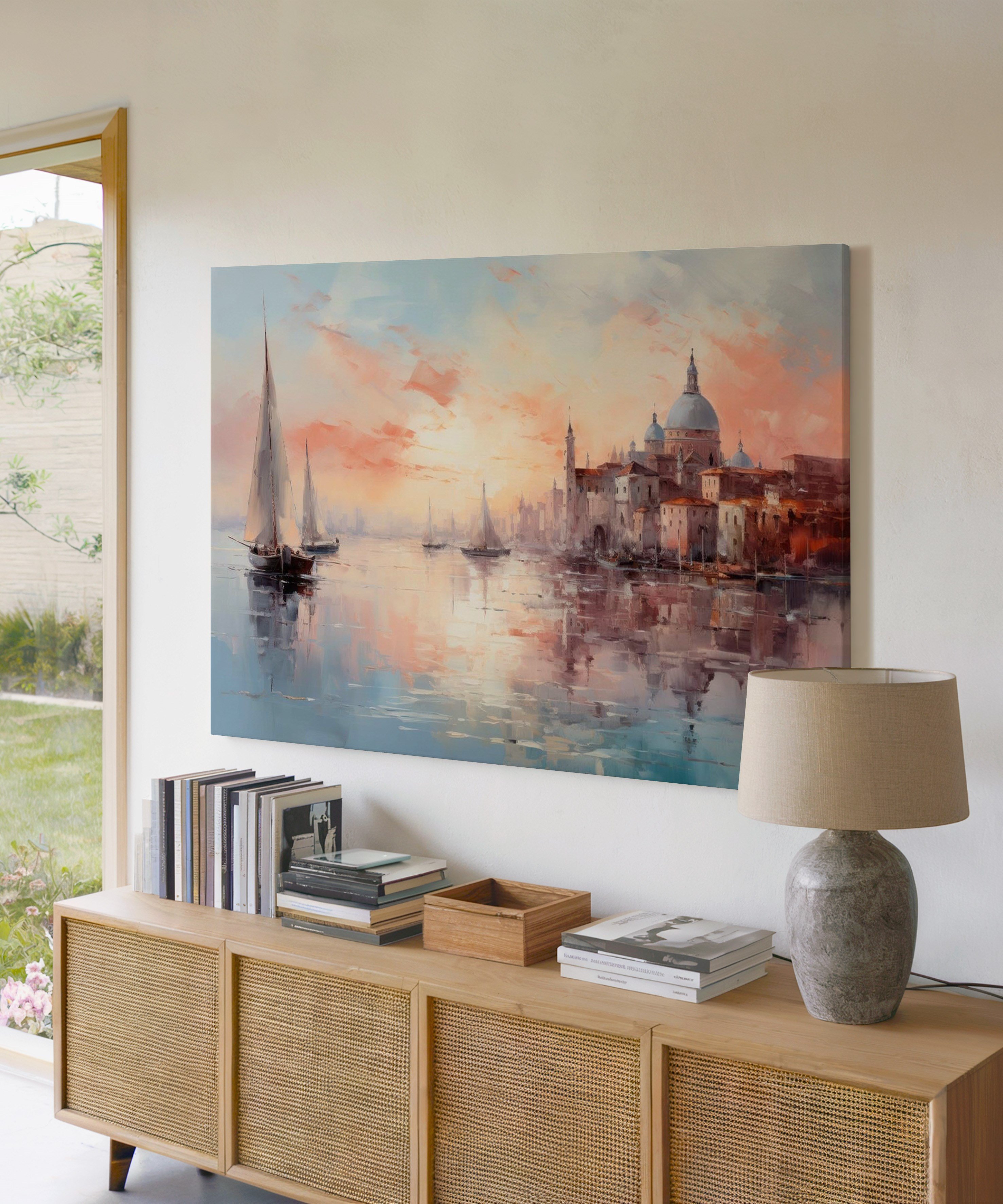 Gün Batımı Limanı | Yağlı Boya Dokulu Canvas Baskı