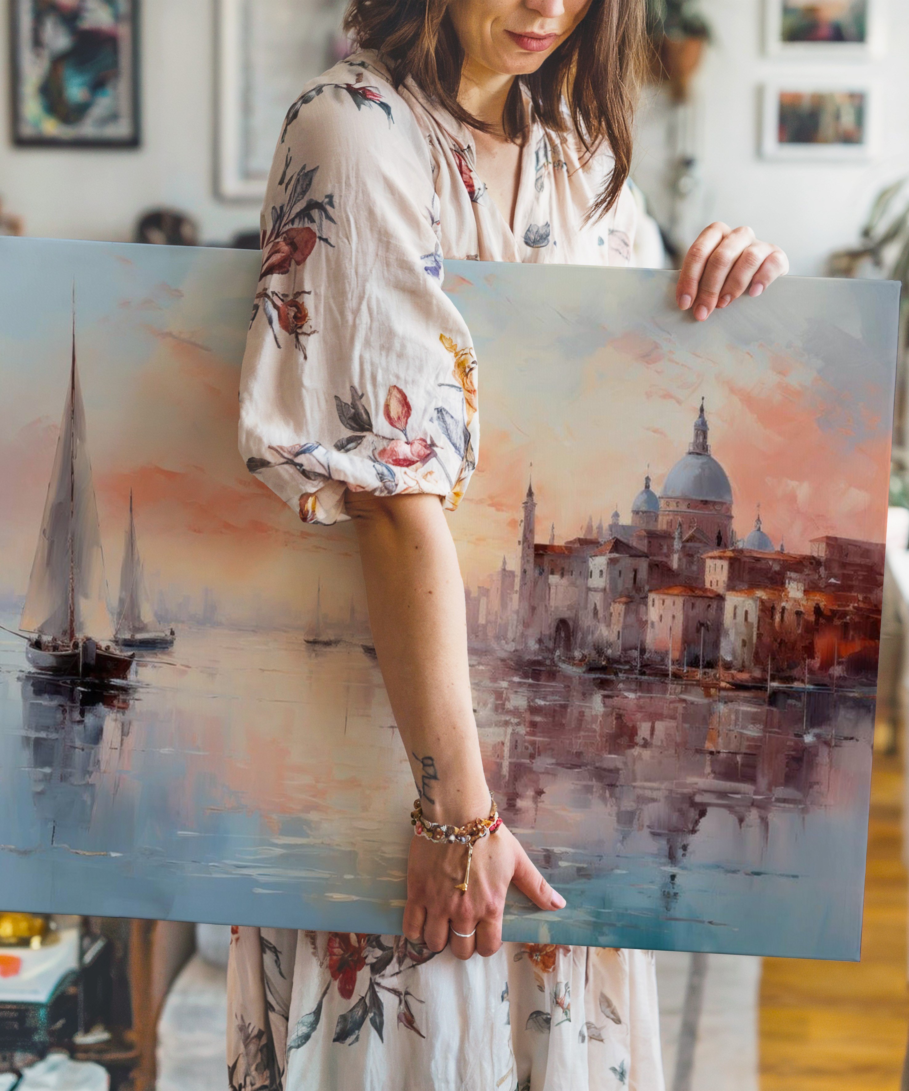 Gün Batımı Limanı | Yağlı Boya Dokulu Canvas Baskı