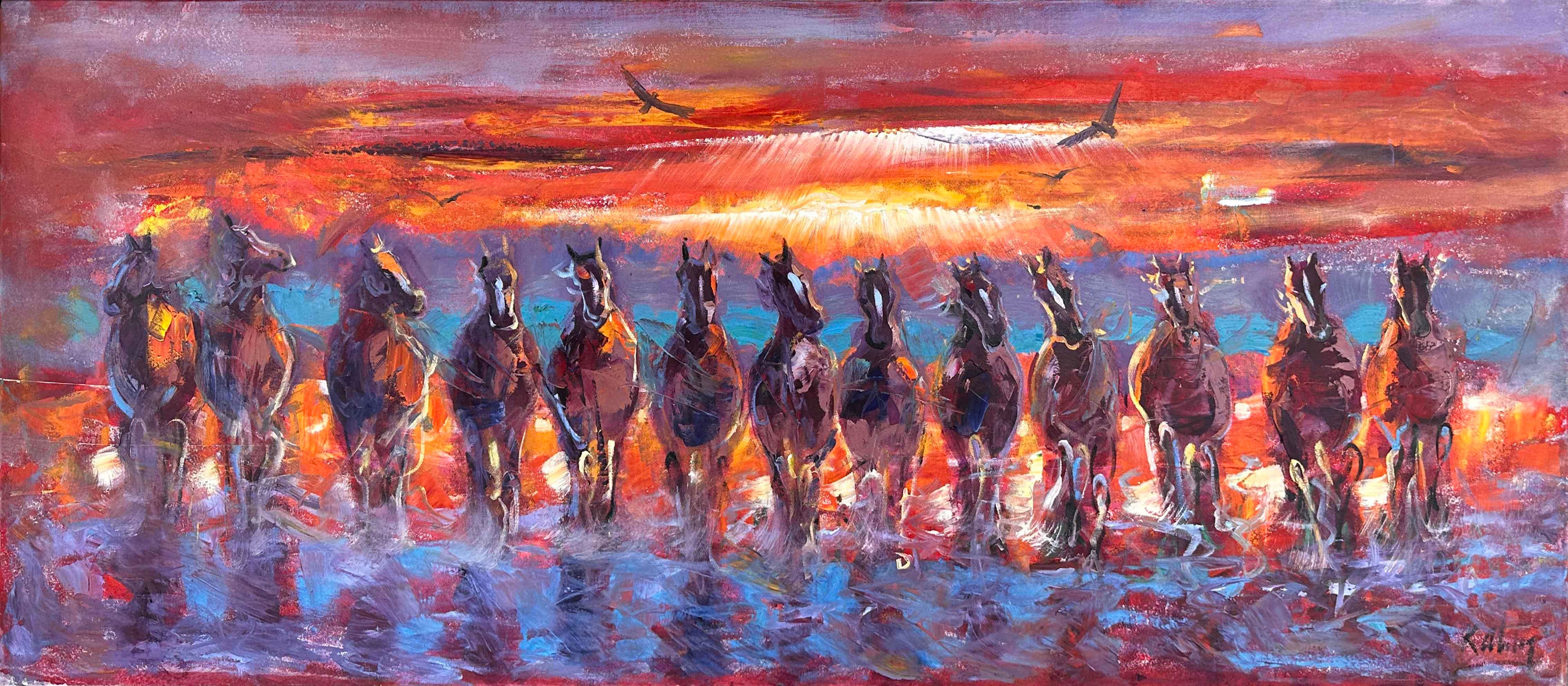 Gün Batımındaki Atlar  | Yağlı Boya Tablo 