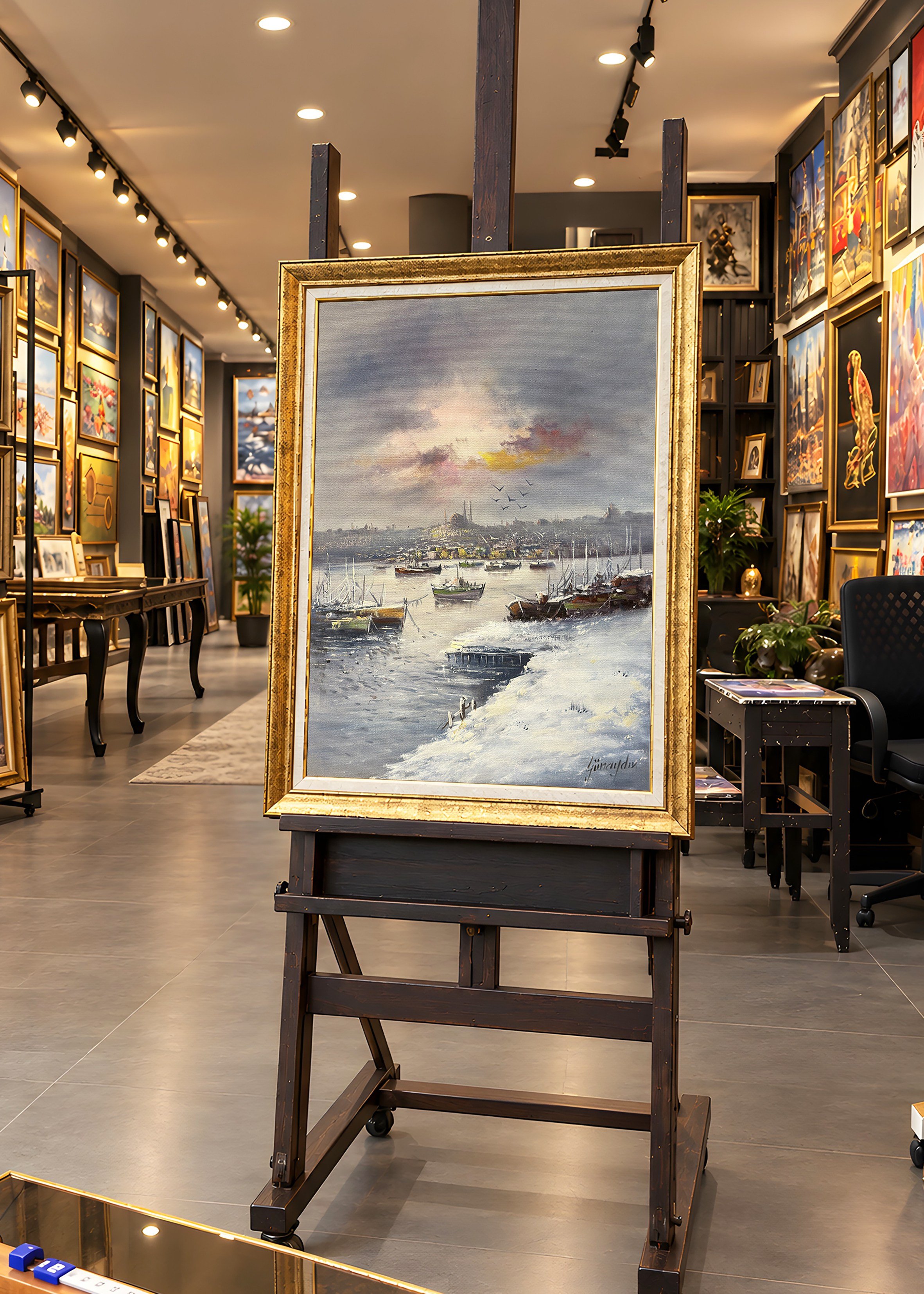 İstanbul'da Karlı Bir Gün | Orijinal Yağlı Boya Deniz & Şehir Peyzaj Tablo