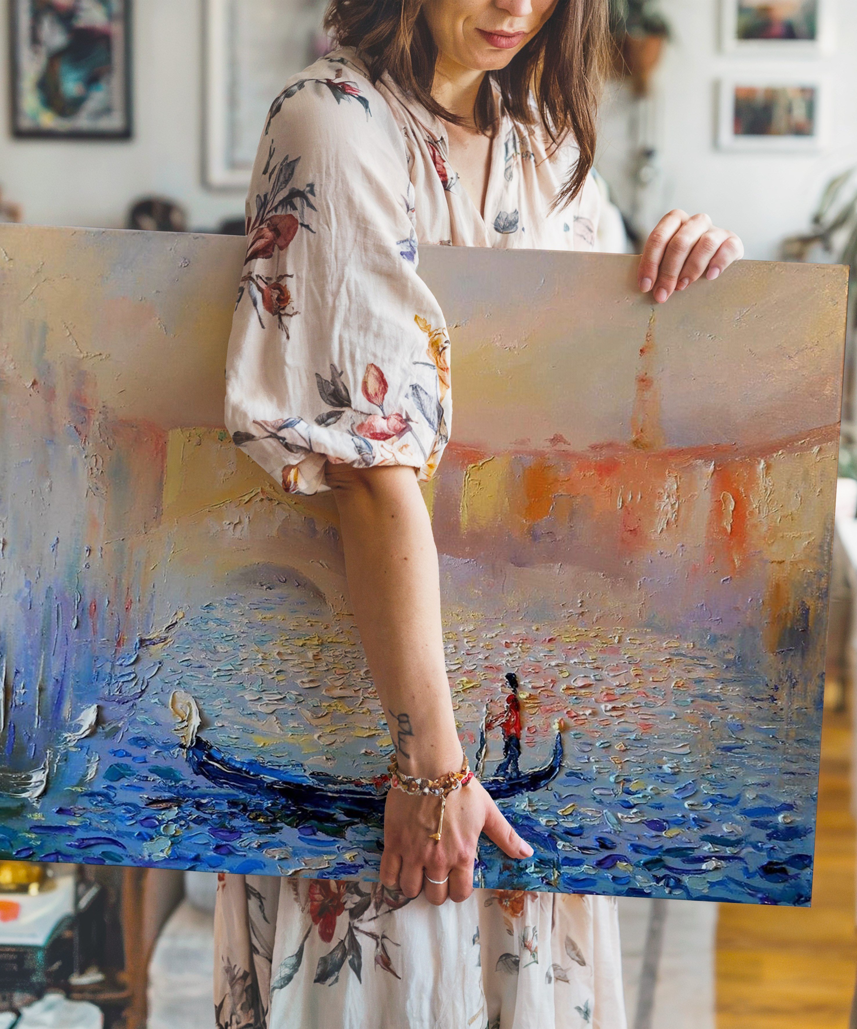 Kayıkda Bir Adam | Yağlıboya dokulu canvas baskı