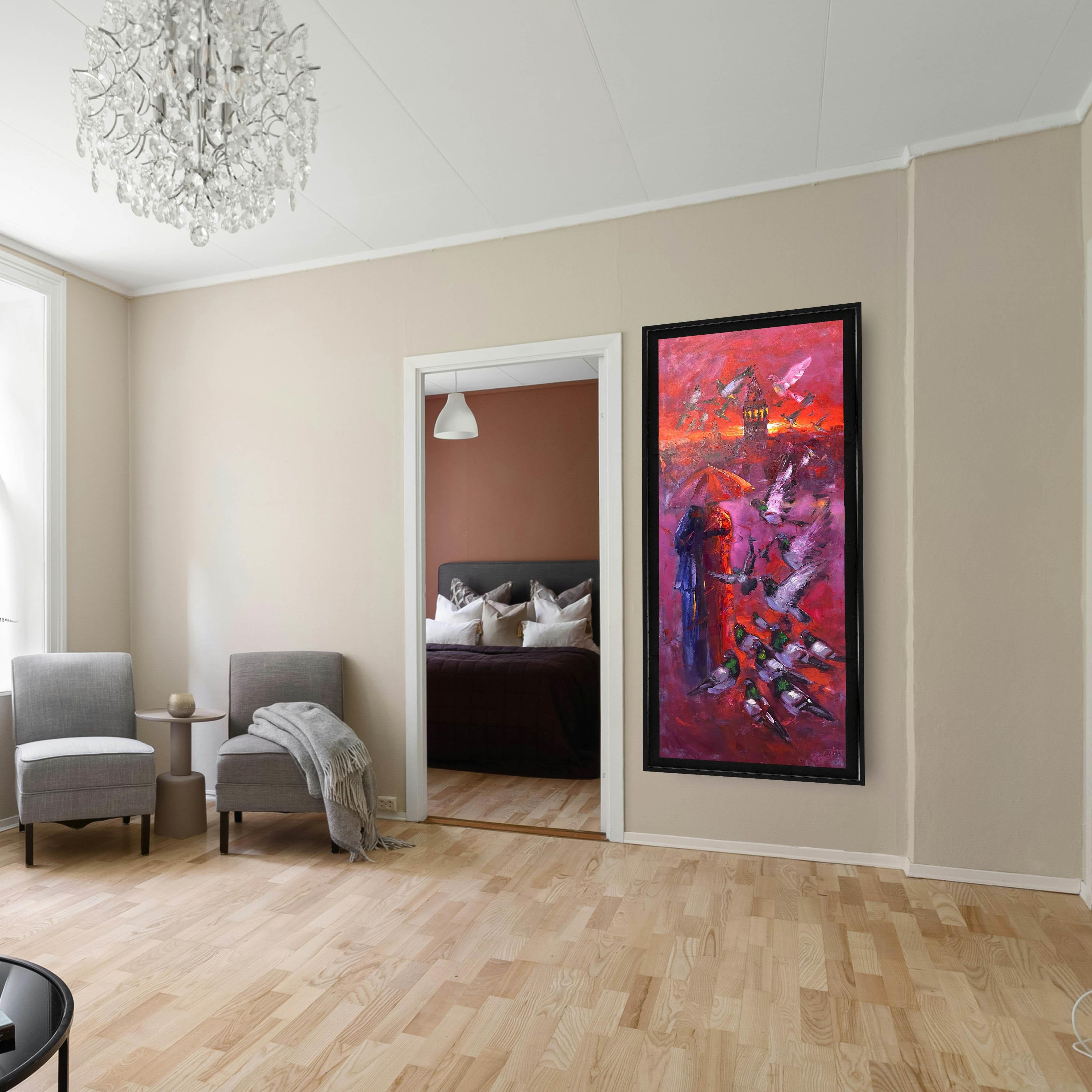 Kırmızı Zemin Ve İstanbul Romantizm  | Yağlı Boya Tablo 