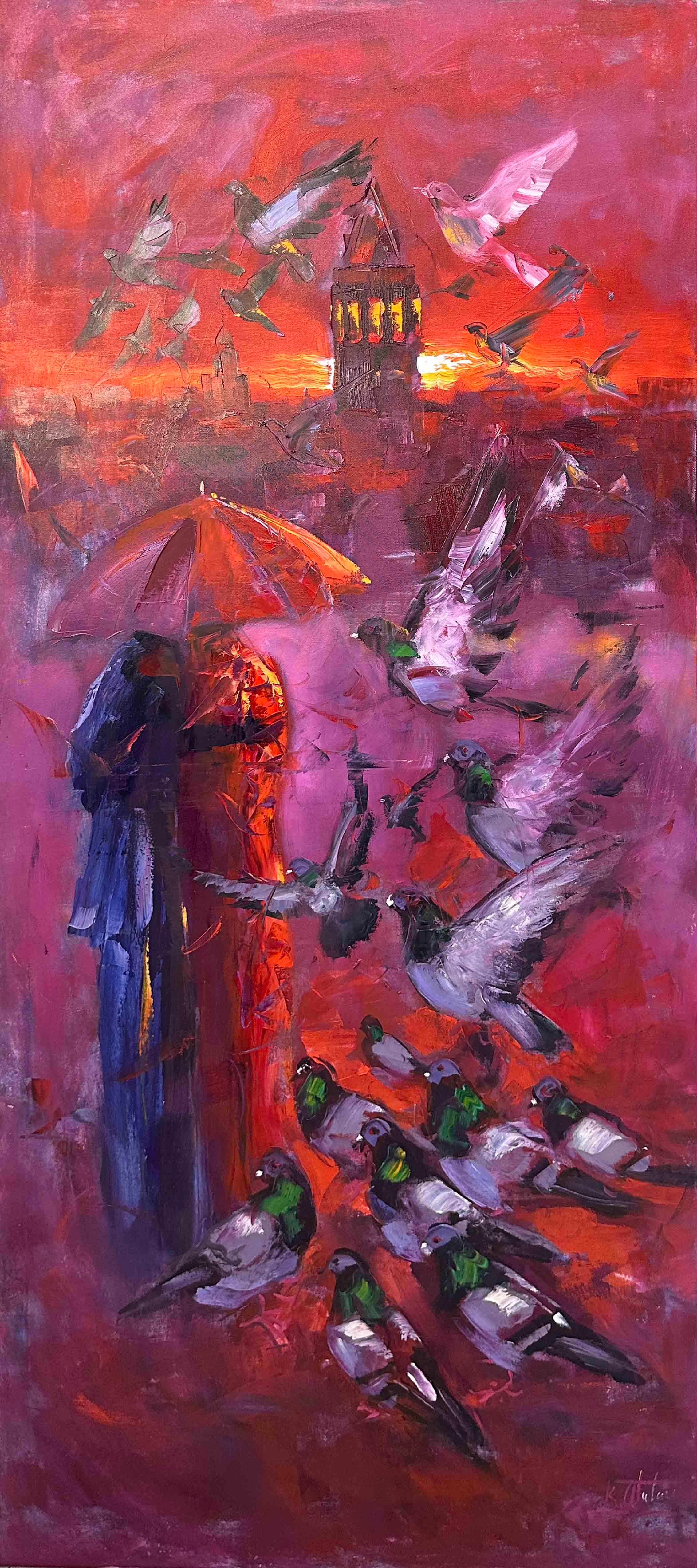 Kırmızı Zemin Ve İstanbul Romantizm  | Yağlı Boya Tablo 