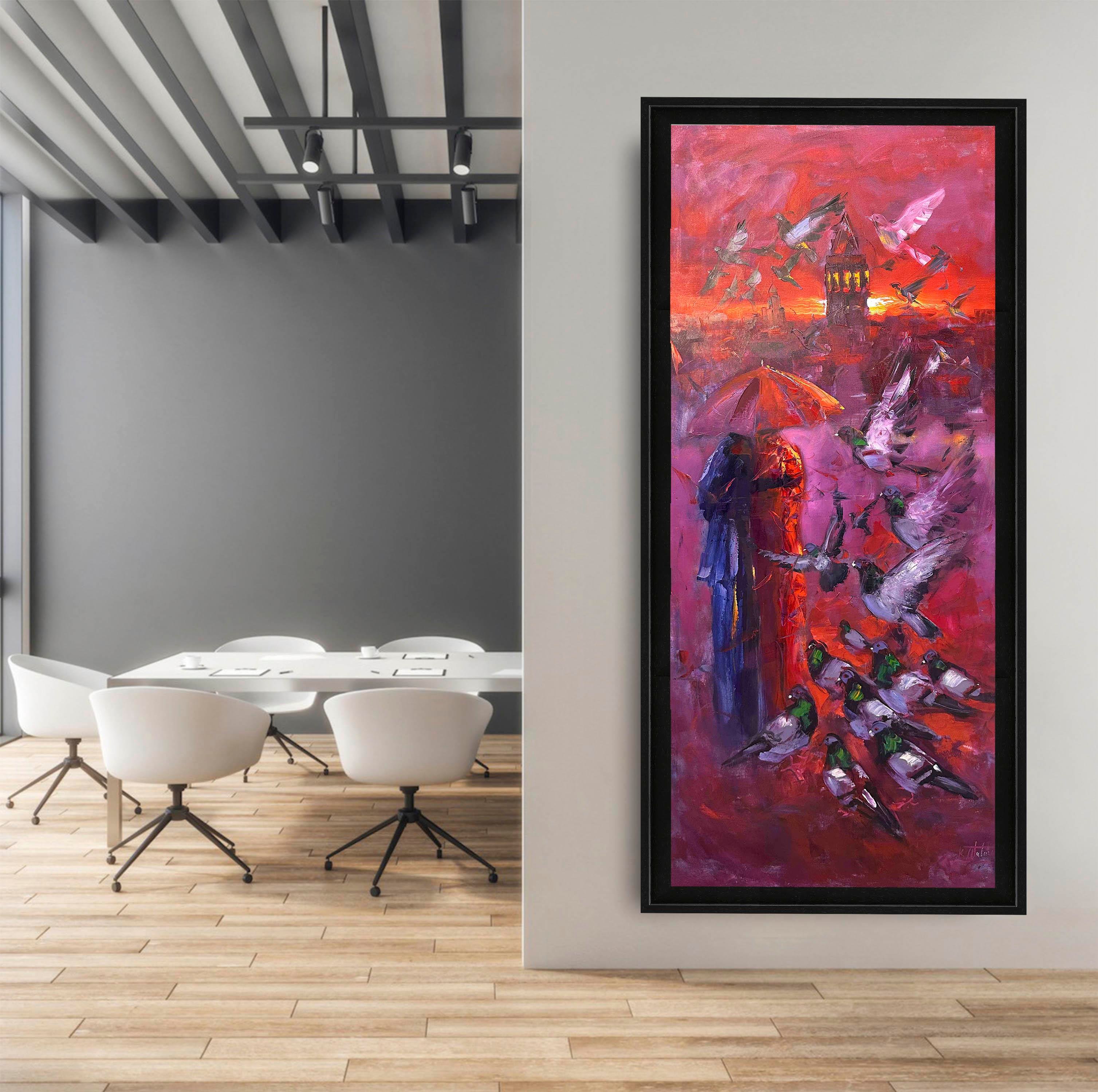 Kırmızı Zemin Ve İstanbul Romantizm  | Yağlı Boya Tablo 