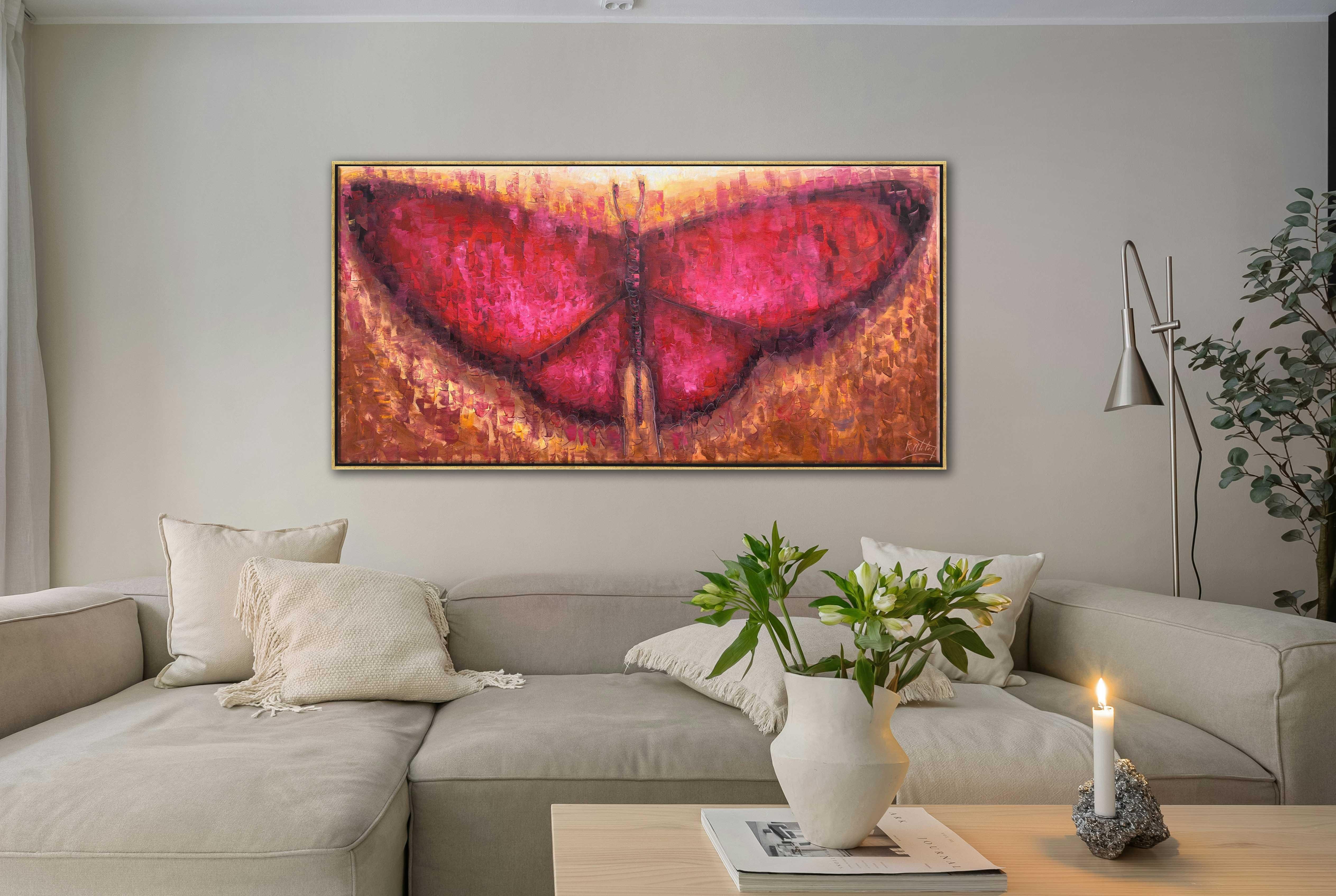 Kırmızı Zeminde Kelebekler | Yağlı Boya Tablo