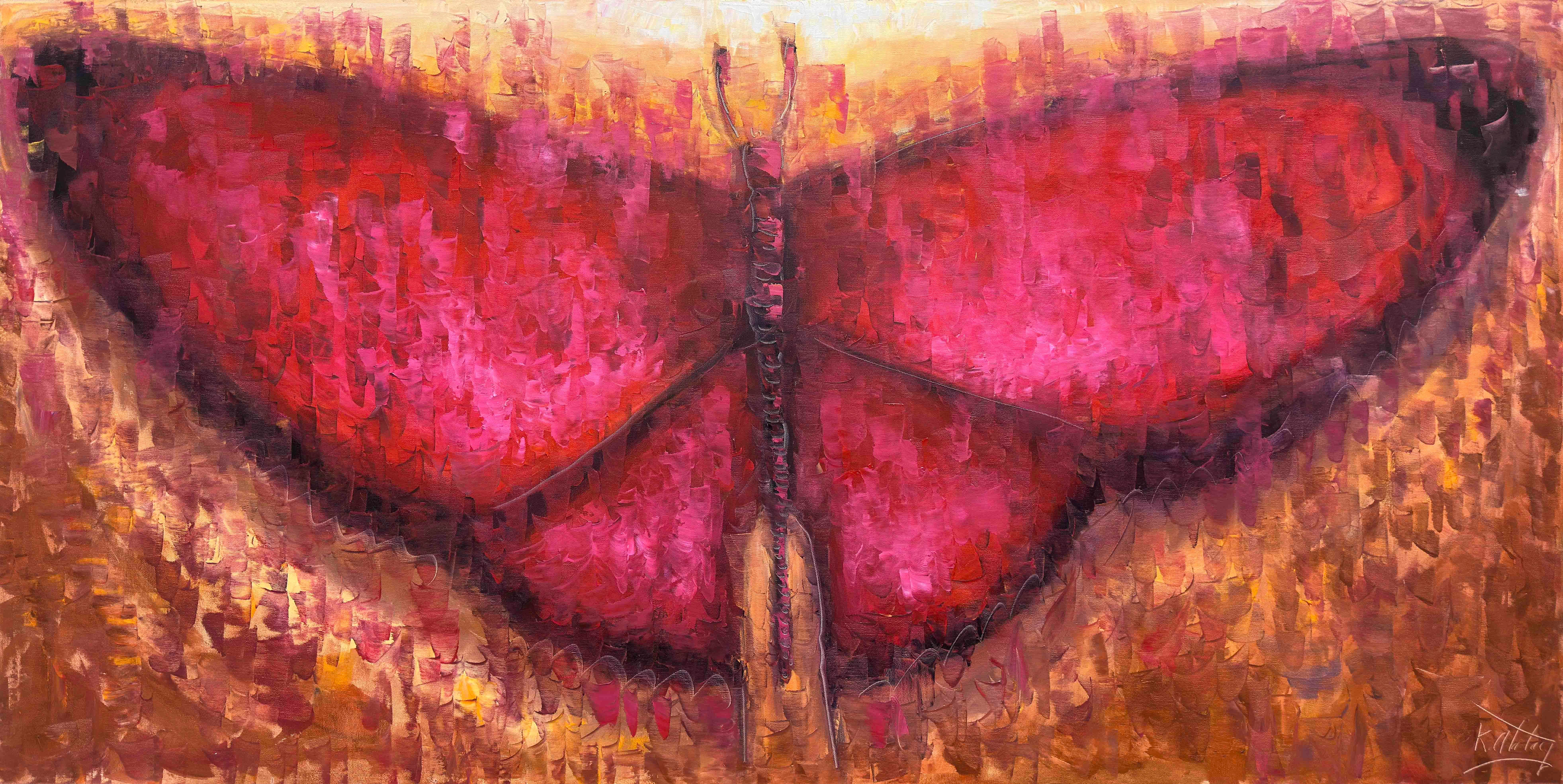 Kırmızı Zeminde Kelebekler | Yağlı Boya Tablo