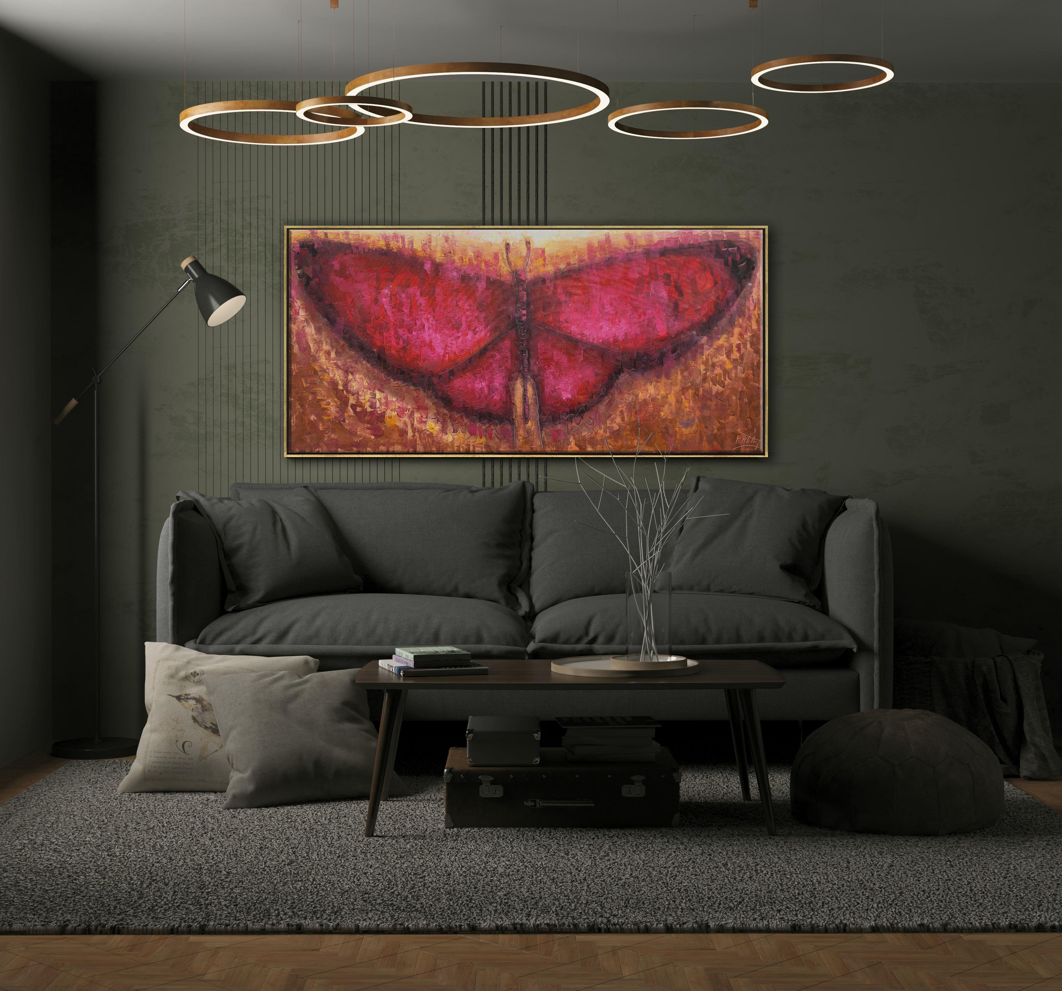 Kırmızı Zeminde Kelebekler | Yağlı Boya Tablo