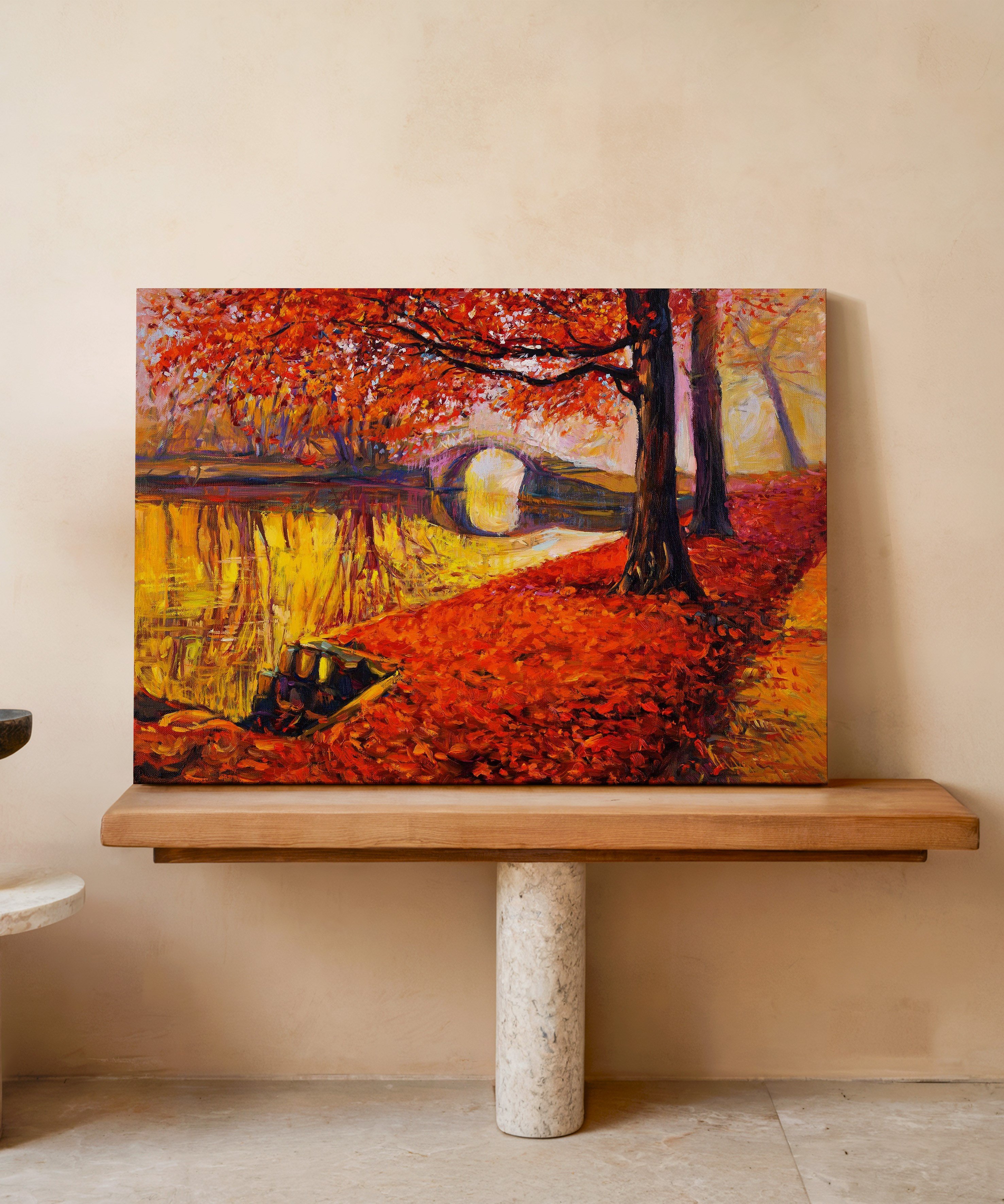 Kızıl Mevsimin Köprüsü | Yağlı Boya Dokulu Canvas Baskı