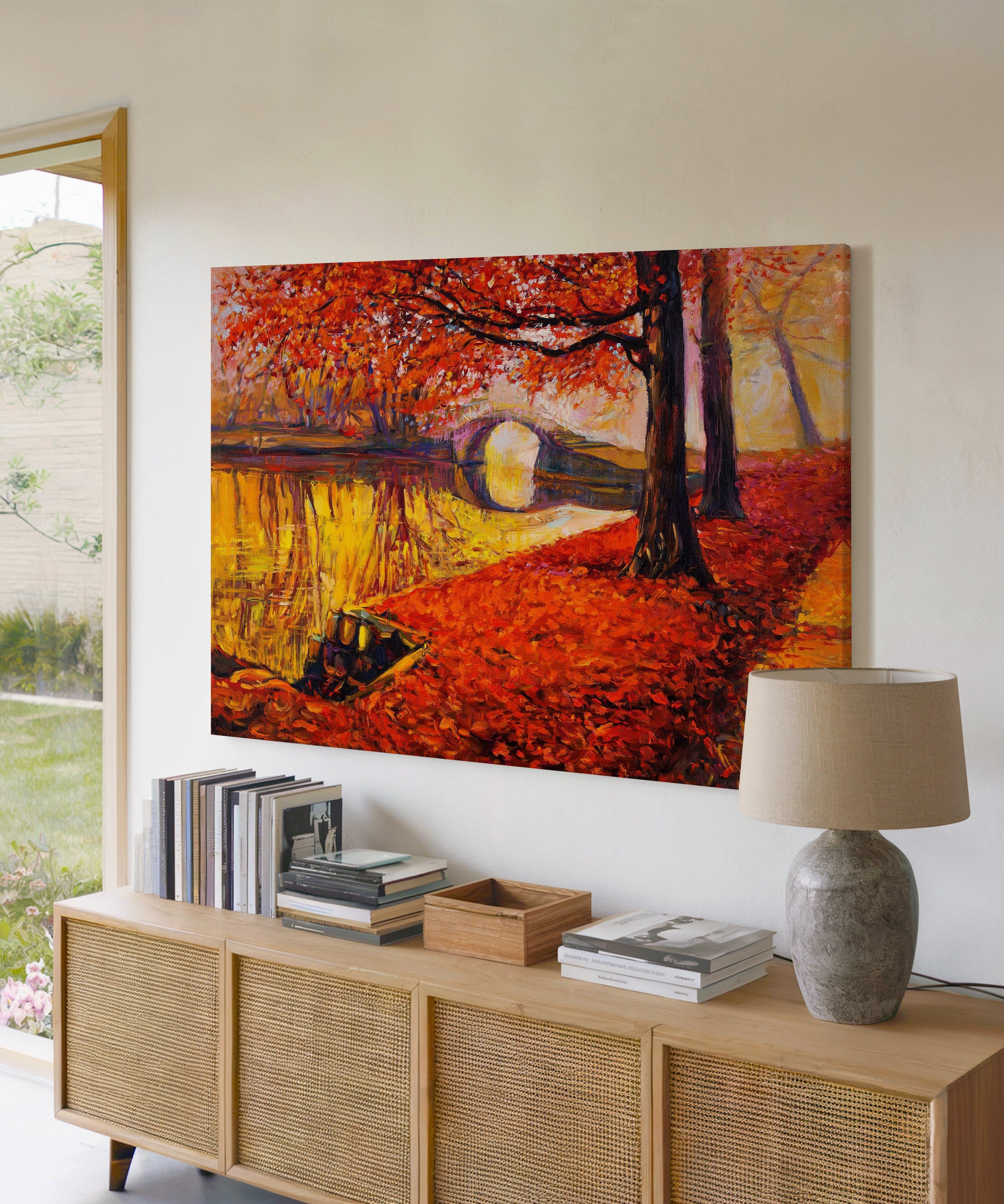 Kızıl Mevsimin Köprüsü | Yağlı Boya Dokulu Canvas Baskı