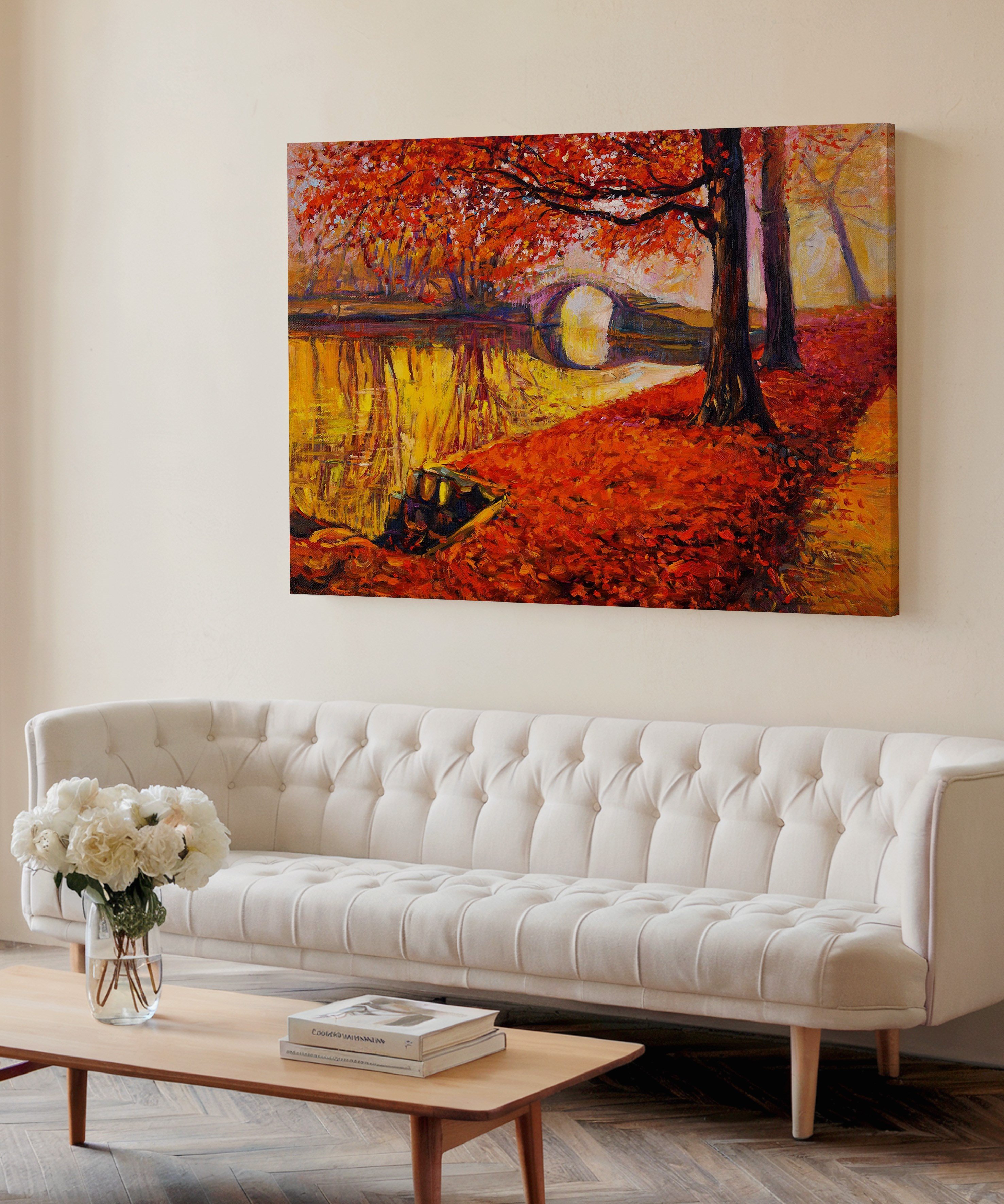 Kızıl Mevsimin Köprüsü | Yağlı Boya Dokulu Canvas Baskı