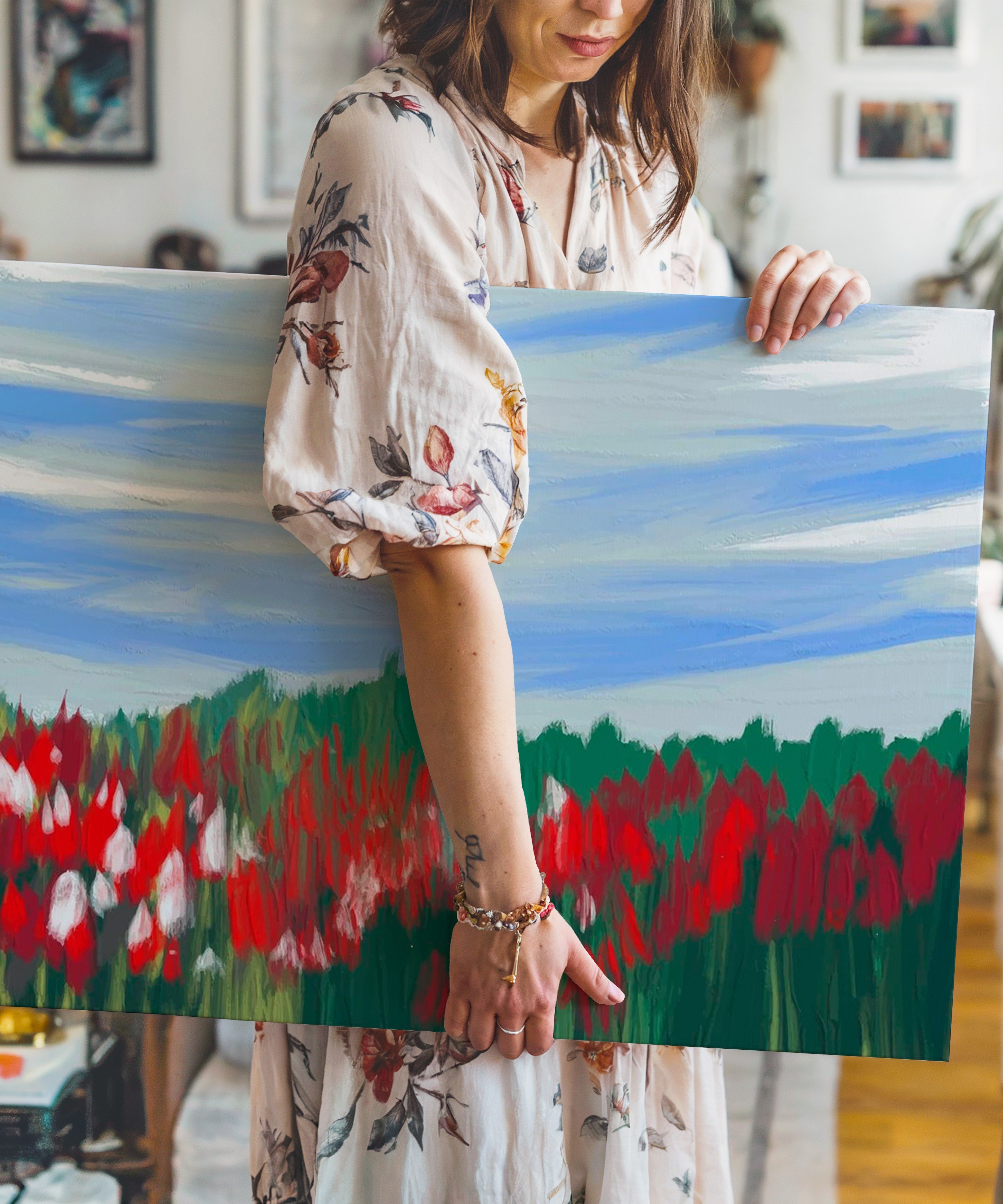 Lale Bahçesinde Bahar | Yağlı Boya Dokulu Canvas Baskı