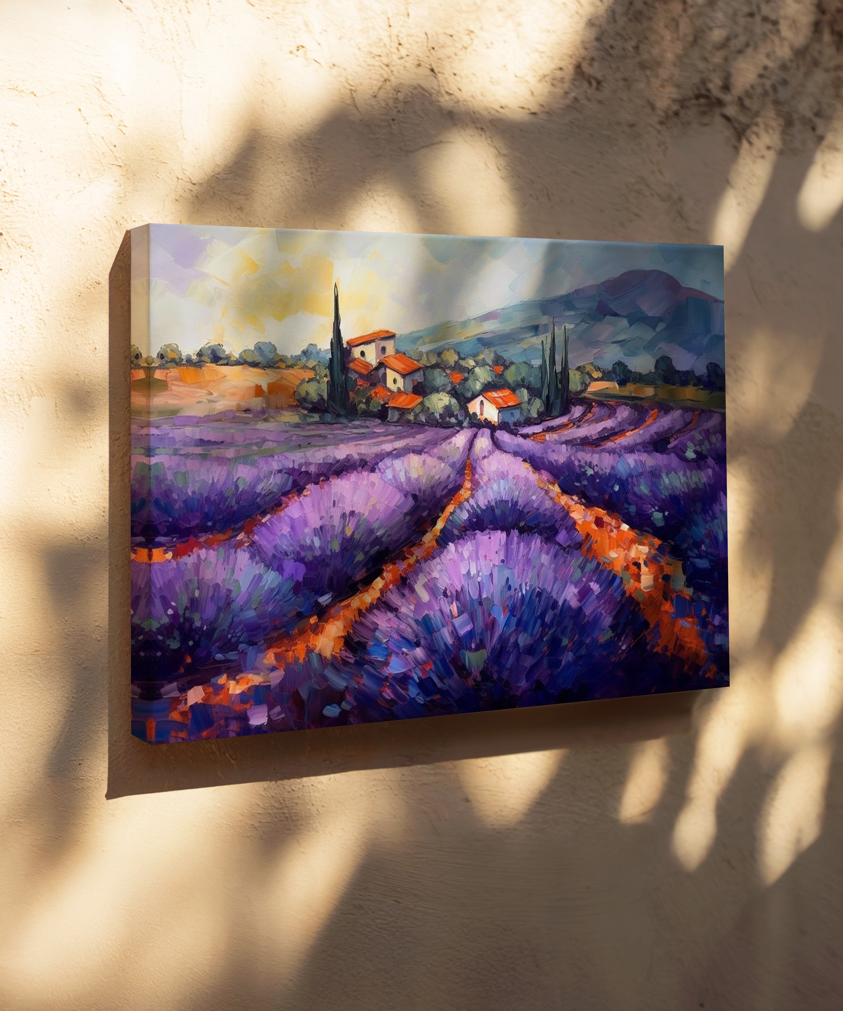 Lavanta Tarlası Köy | Yağlıboya dokulu canvas baskı