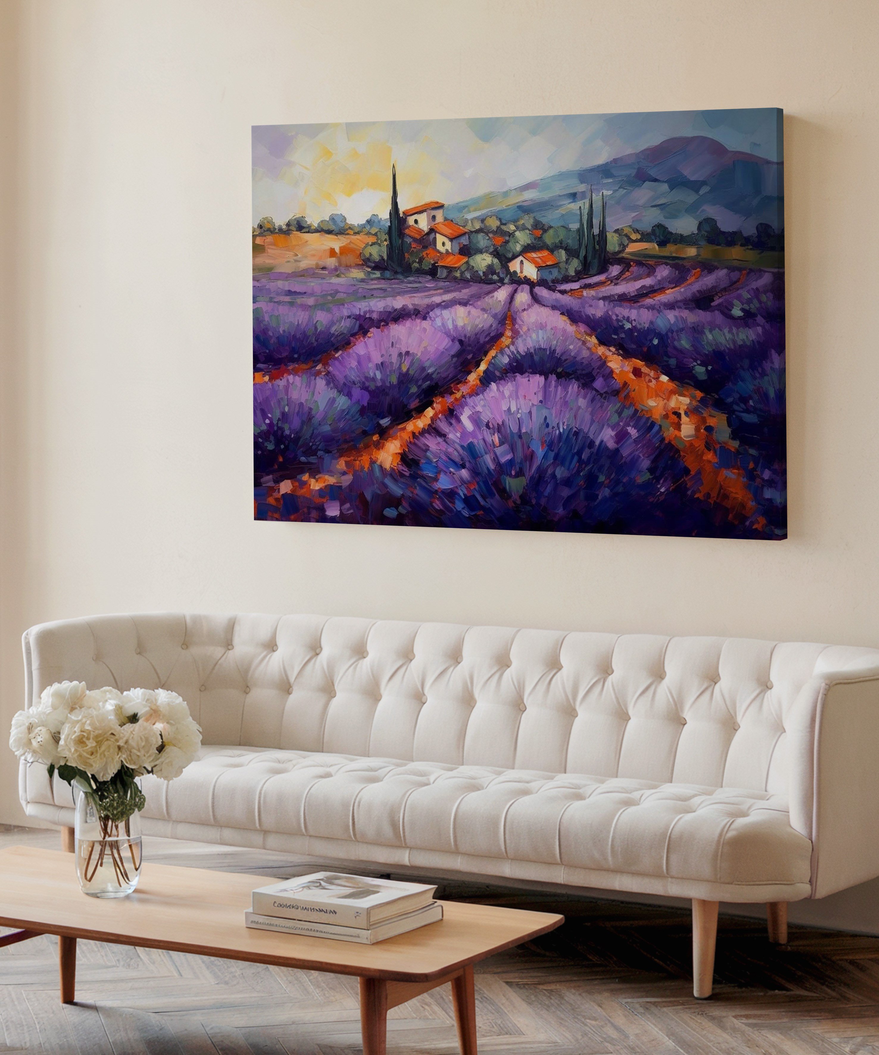 Lavanta Tarlası Köy | Yağlıboya dokulu canvas baskı