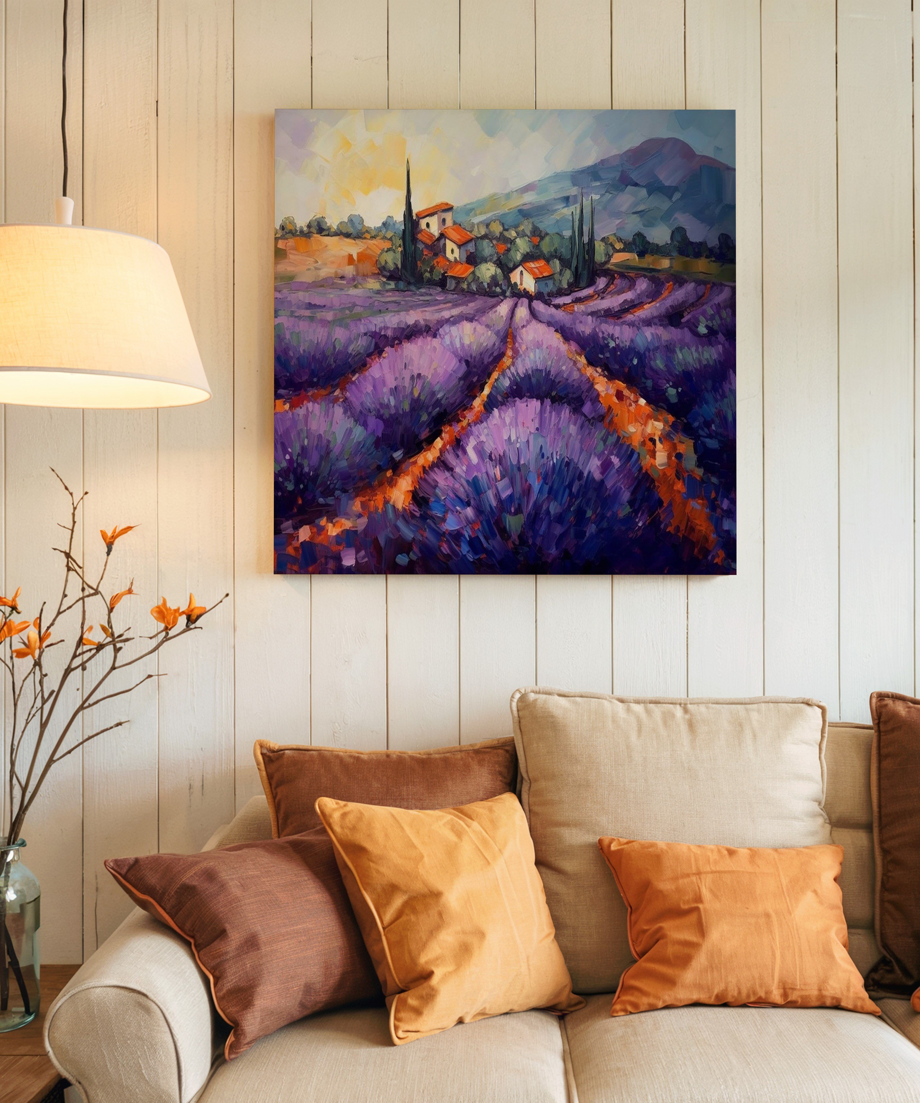 Lavanta Tarlası Köy | Yağlıboya dokulu canvas baskı