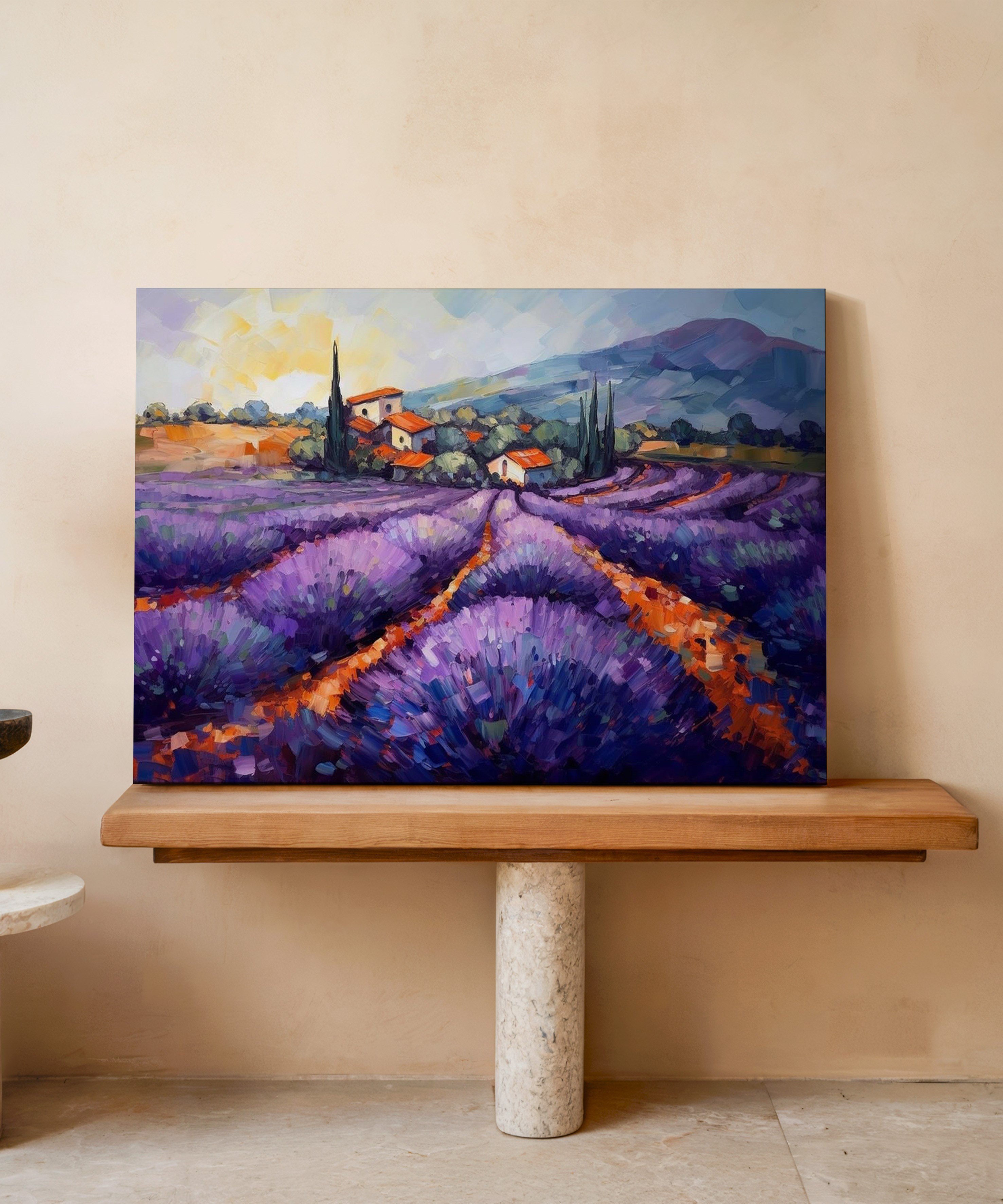 Lavanta Tarlası Köy | Yağlıboya dokulu canvas baskı