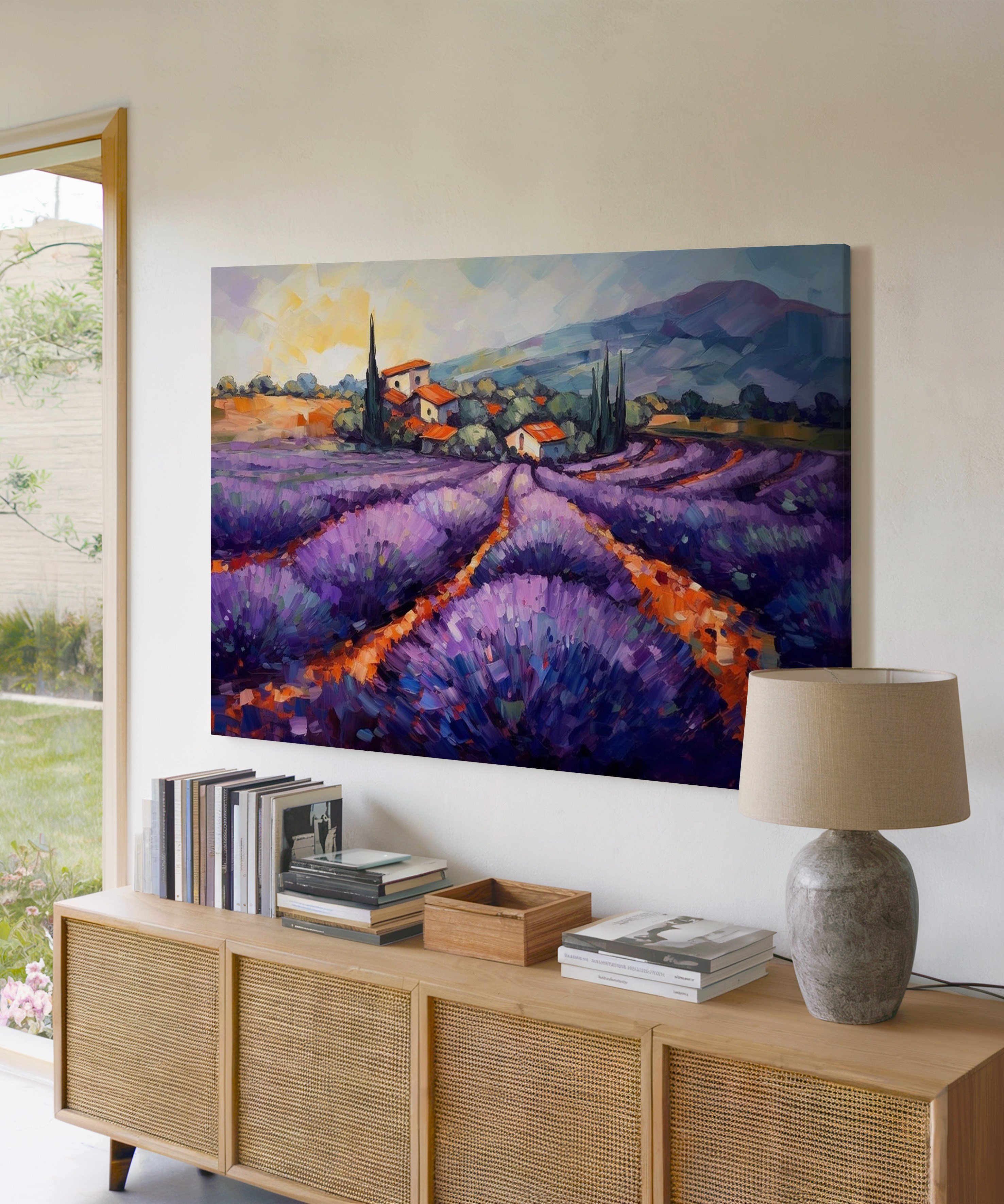 Lavanta Tarlası Köy | Yağlıboya dokulu canvas baskı