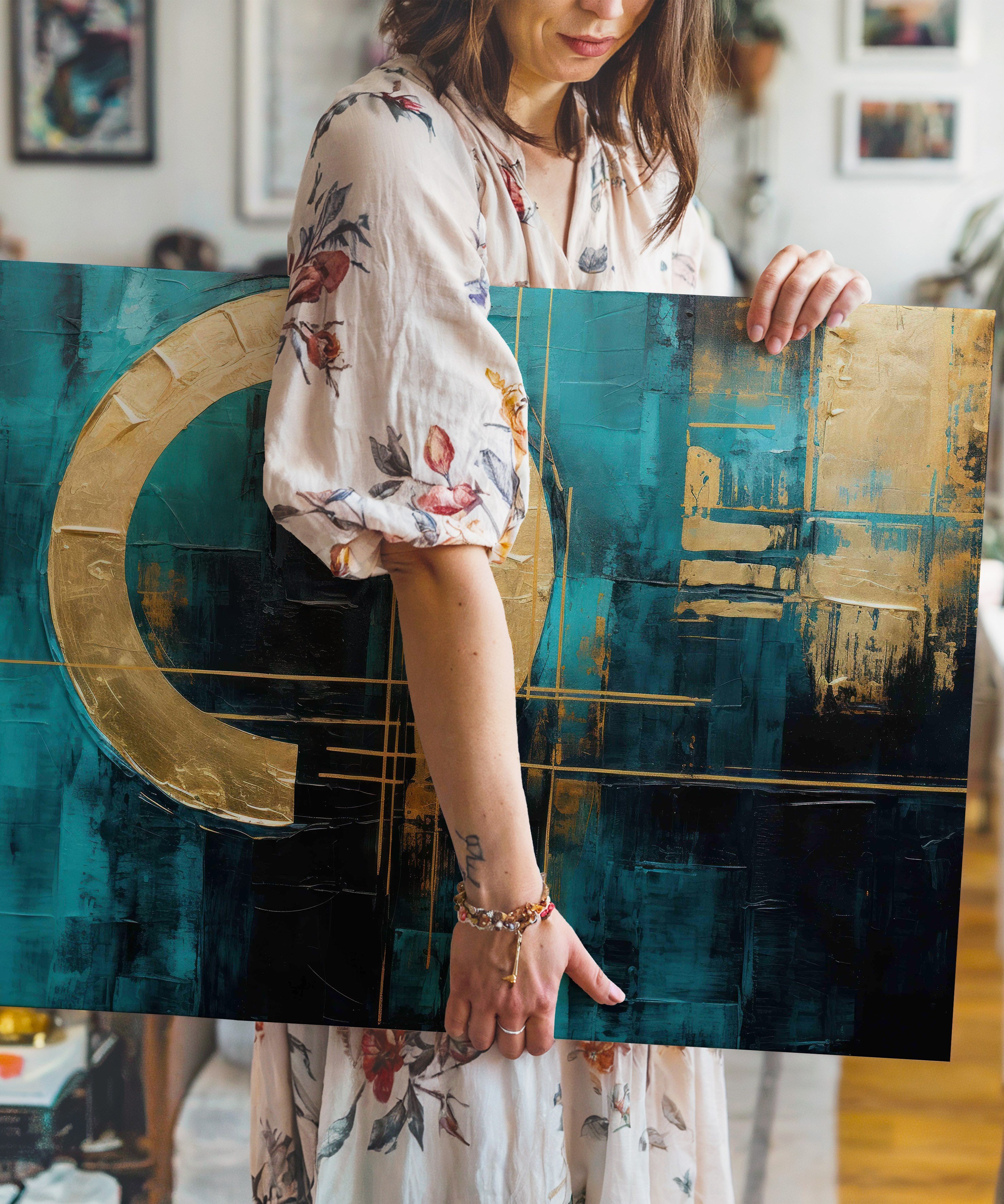 Lux Turkuaz Altın 3 | Yağlıboya dokulu canvas baskı