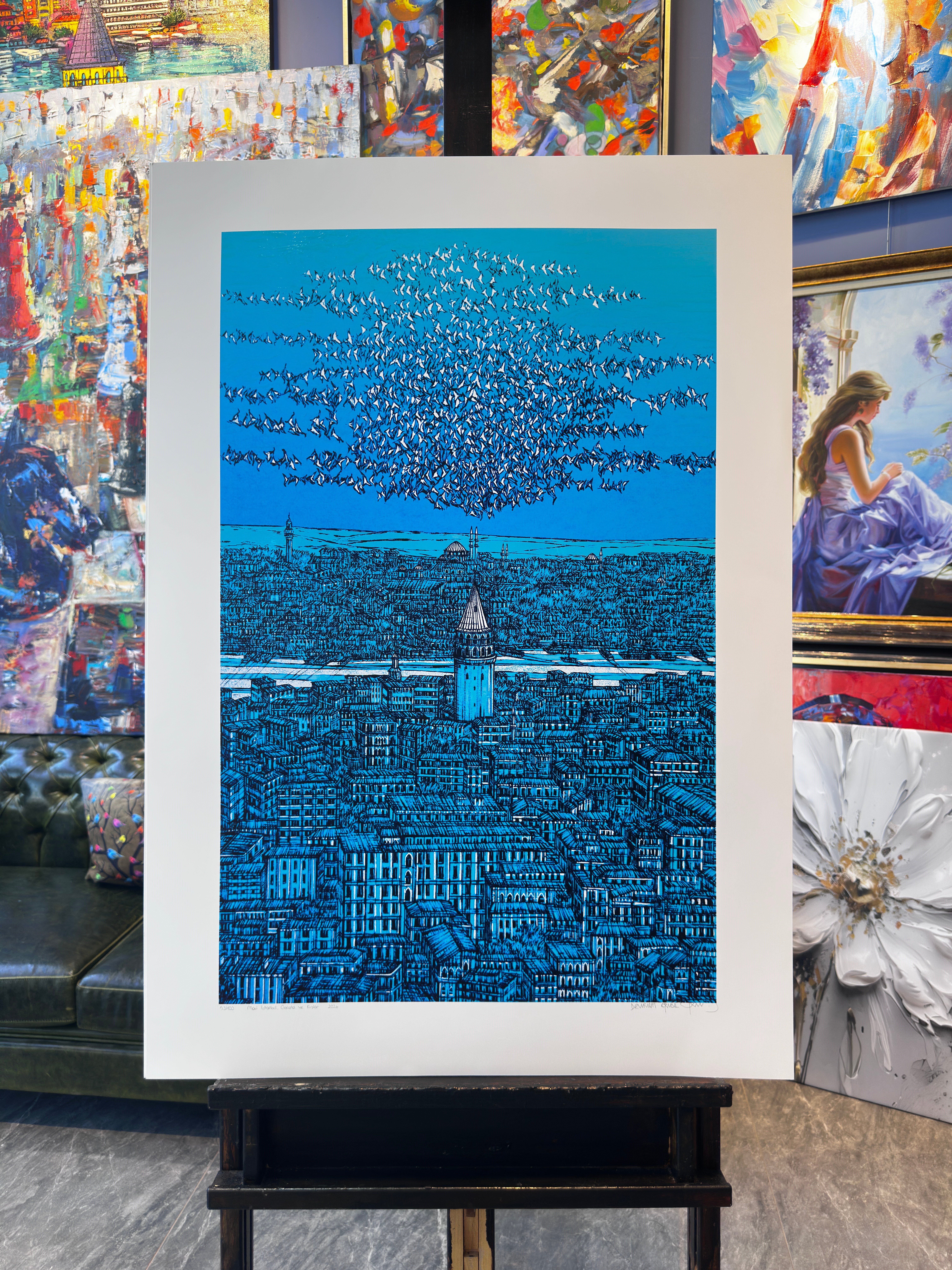 Mavi İstanbul Galata ve Kuşlar 53/100  | DEVRİM ERBİL GICLÉE  BASKI